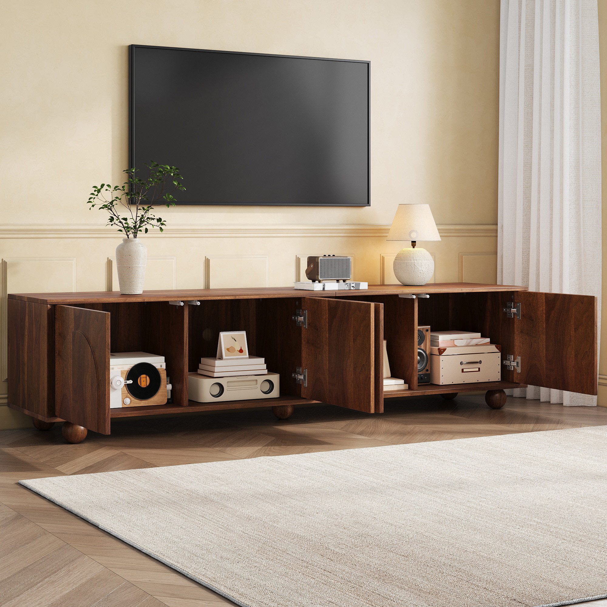 BlingBin TV-Schrank Lowboard TV-Ständer Fernsehkommode mit 4 Türen und Halbkreisrelief (1 Packung, 1-St., Push-to-Open-Türen,kugelförmigen Füßen,Kabeldurchlässe,Nussbaum) Moderner Fernsehschrank mit Stauraum für Wohnzimmer, Schlafzimmer