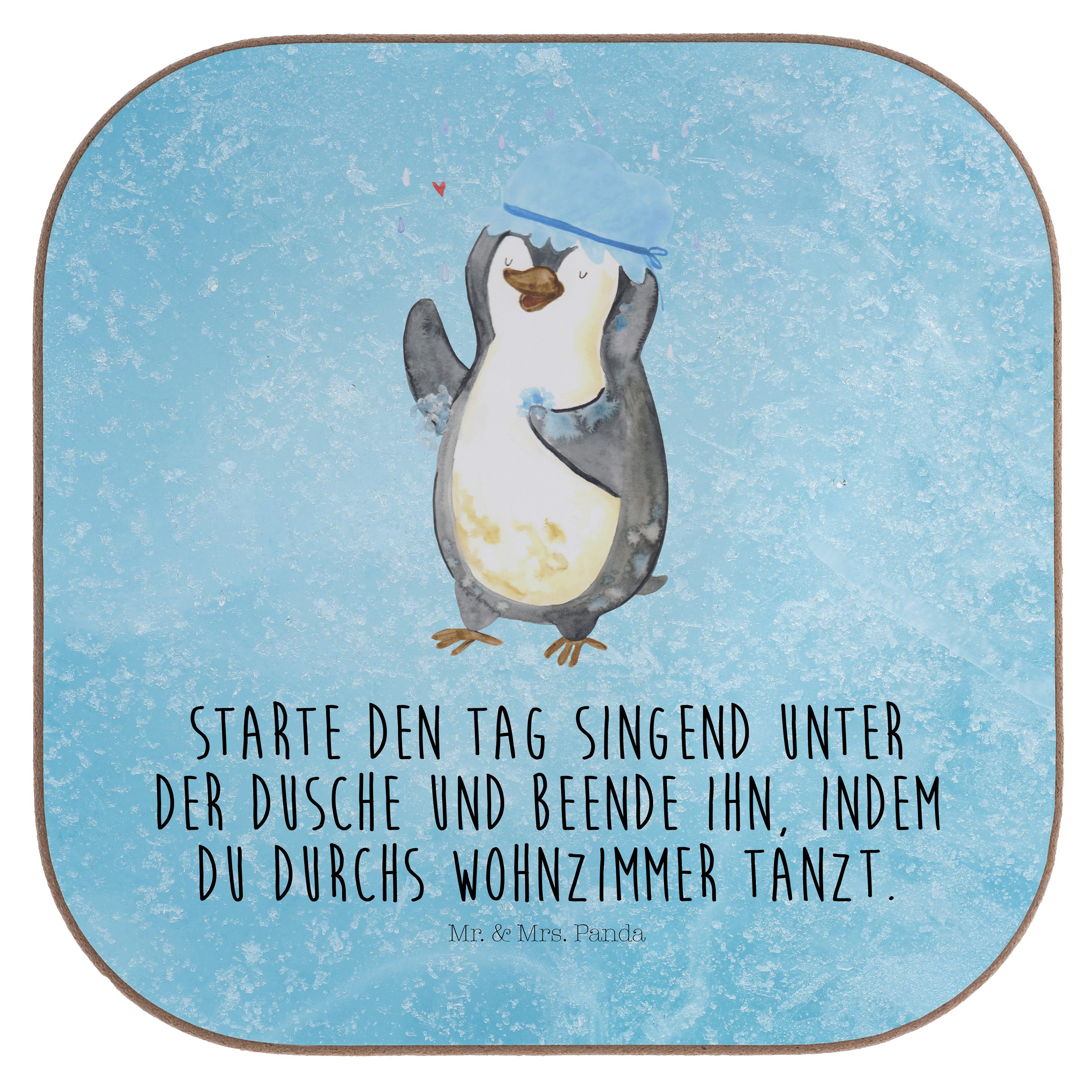 Mr. & Mrs. Panda Getränkeuntersetzer Pinguin duscht - Eisblau - Geschenk, Glasuntersetzer, Motivation, dus, 1-tlg.