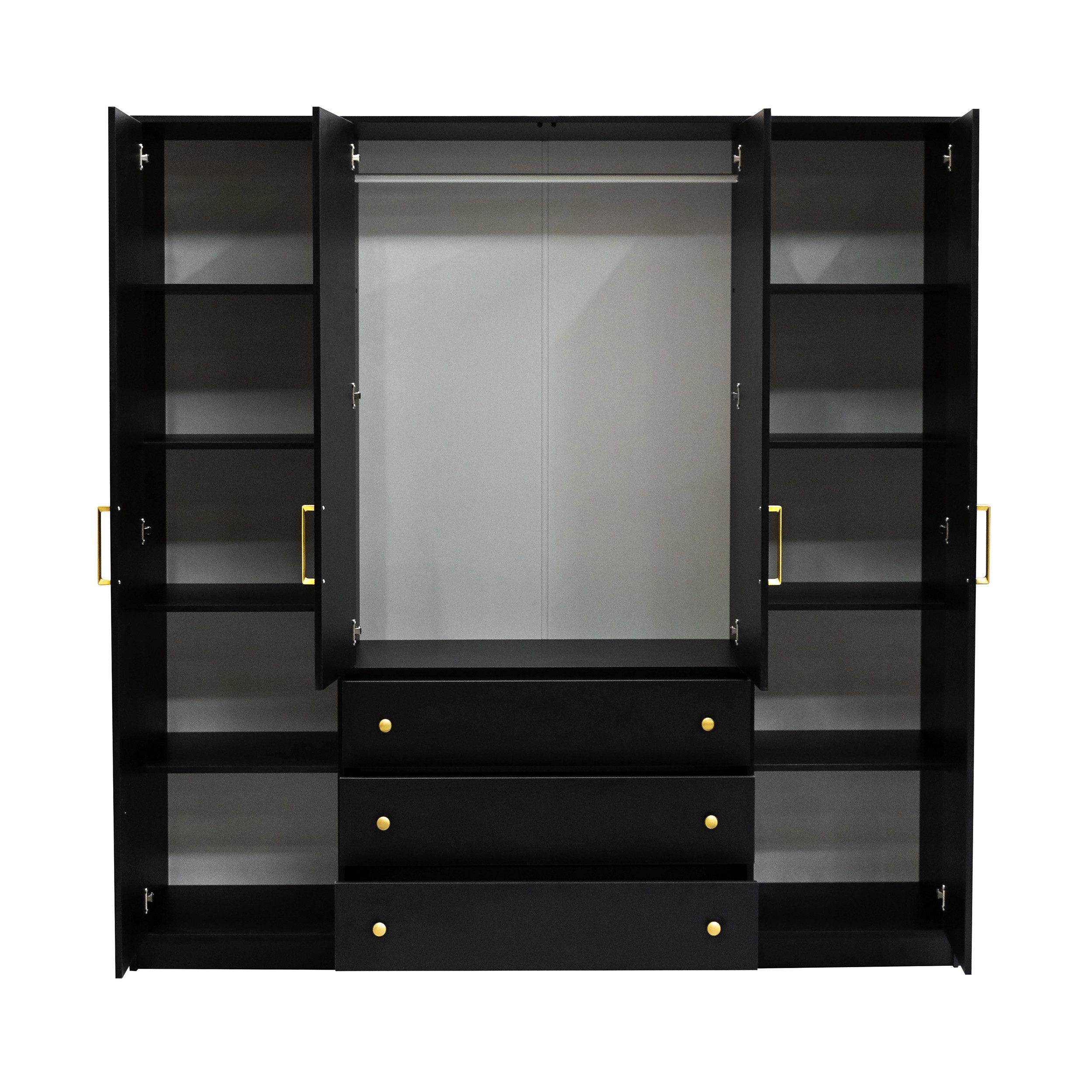Beautysofa Drehtürenschrank RILO mit 4 Türen und goldfarbene Griffe (Kleiderstange, 8 Regalböden, 3 Schubladen, Farbe: Kaschmir, Weiß oder Schwarz) Breite: 196 cm