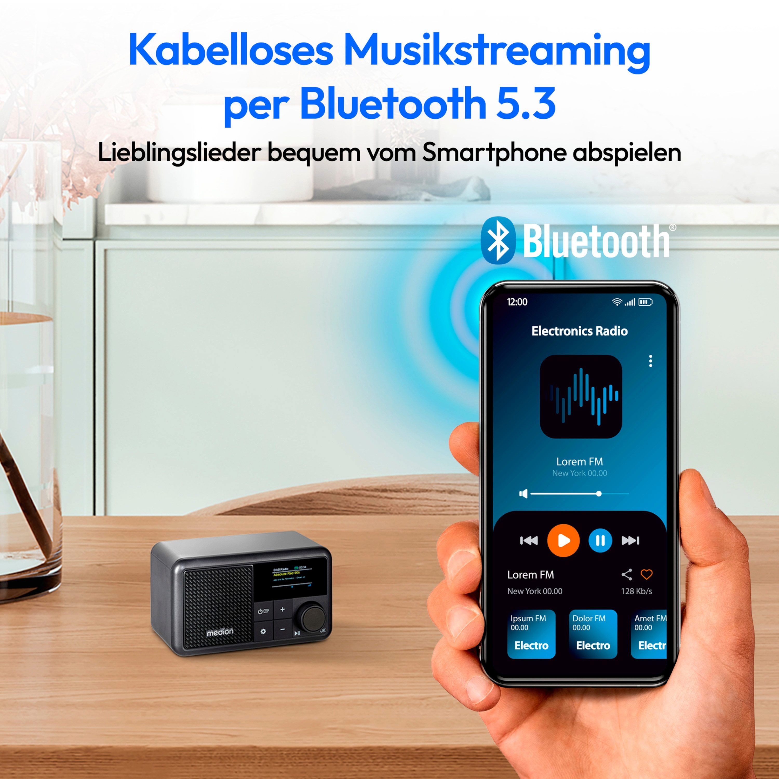 Medion® Tragbares DAB+ Radio MEDION® LIFE® S66822 (MD44822) Radio (MW/UKW, AM/FM, DAB+, RDS, 2 W, ca. 6,5 Akkulaufzeit, Farb-TFT-Display, Bluetooth® 5.3, IPX1-Schutz)