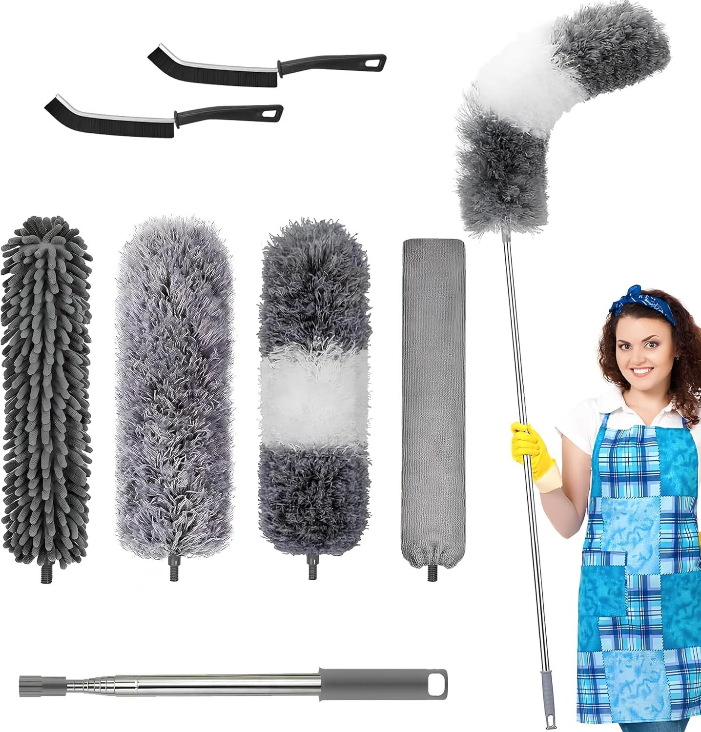 ibettertec Staubwedel Staubwedel Teleskop, Spinnenwebenentferner Mikrofaser Staubwische 7Pcs (7-St), für Reinigung Unter Sofa Spinnweben,Lücken Decken Spinnweben Grau