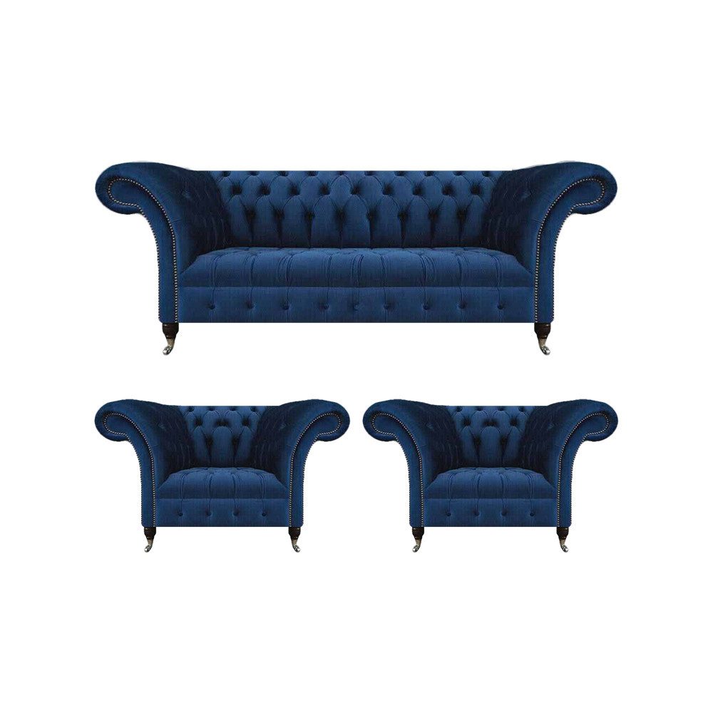 JVmoebel Chesterfield-Sofa Wohnzimmer Set 3tlg Luxus Garnitur Chesterfield Blau Polstersitz, 3 Teile, Made in Europa