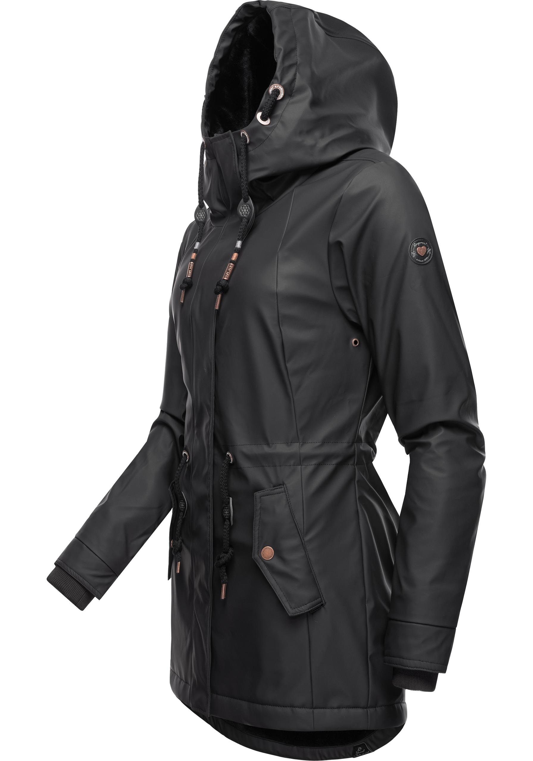 Ragwear mit Monadis Innenfutter Regenparka Rainy Intl. kuschligem schwarz Regenmantel modischer