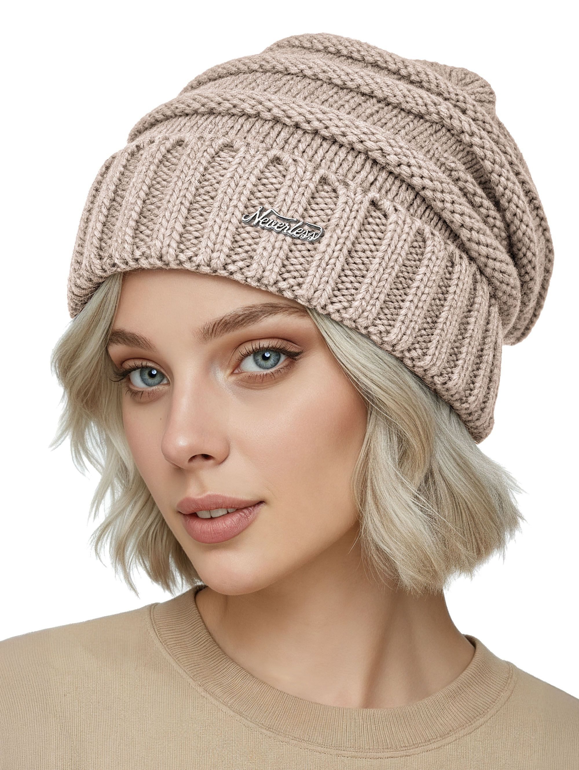 Strickmütze Damen Strickbeanie Slouchy Strickmütze ohne Bommel Wintermütze