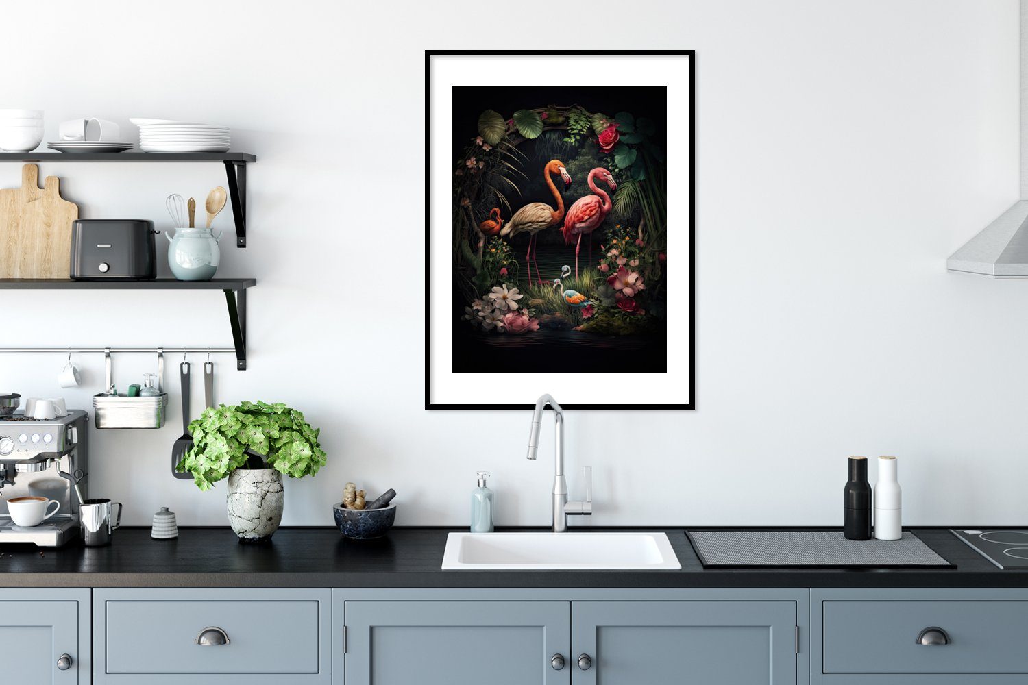 St), Bilder, - - Poster, MuchoWow Wanddeko, Rosa, - Bilderrahmen (1 Poster - Blumen Wandposter, Schwarzem Pflanzen Dschungel Gerahmtes Flamingo