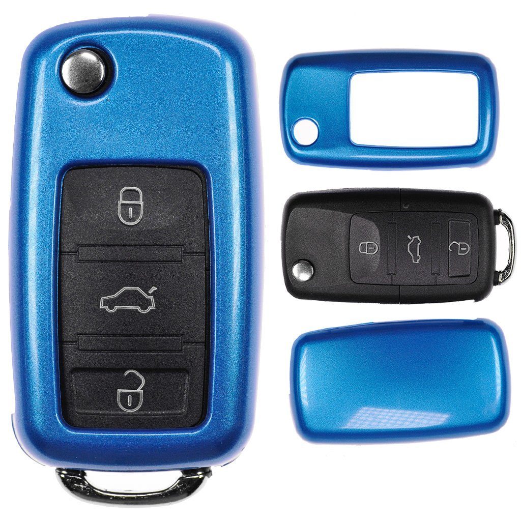 mt-key Schlüsseltasche Autoschlüssel Hardcover Schutzhülle Metallic Blue, für VW Golf 5 6 Sharan Skoda Octavia Polo Beetle Passat T5 bis 2009 Metallic Blau