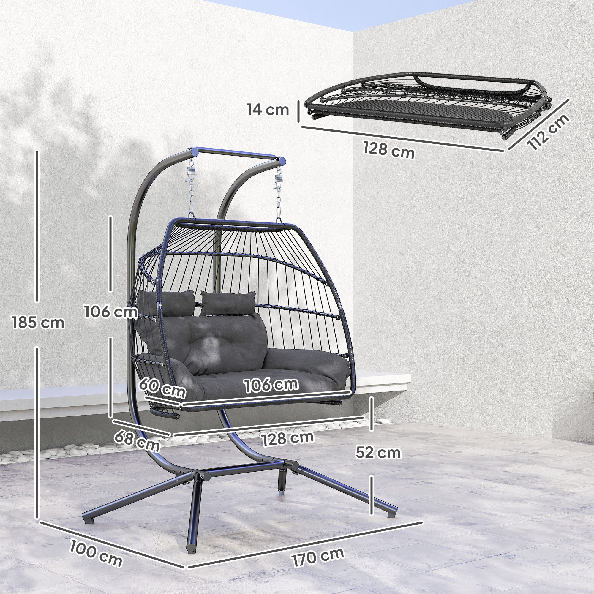 Outsunny Schaukelstuhl mit Kissen, ergonomisch, für 2 Personen (faltbar Hängesessel mit Gestell, 1 St), belastbar bis 260kg, für Balkon, Terrasse, Dunkelgrau