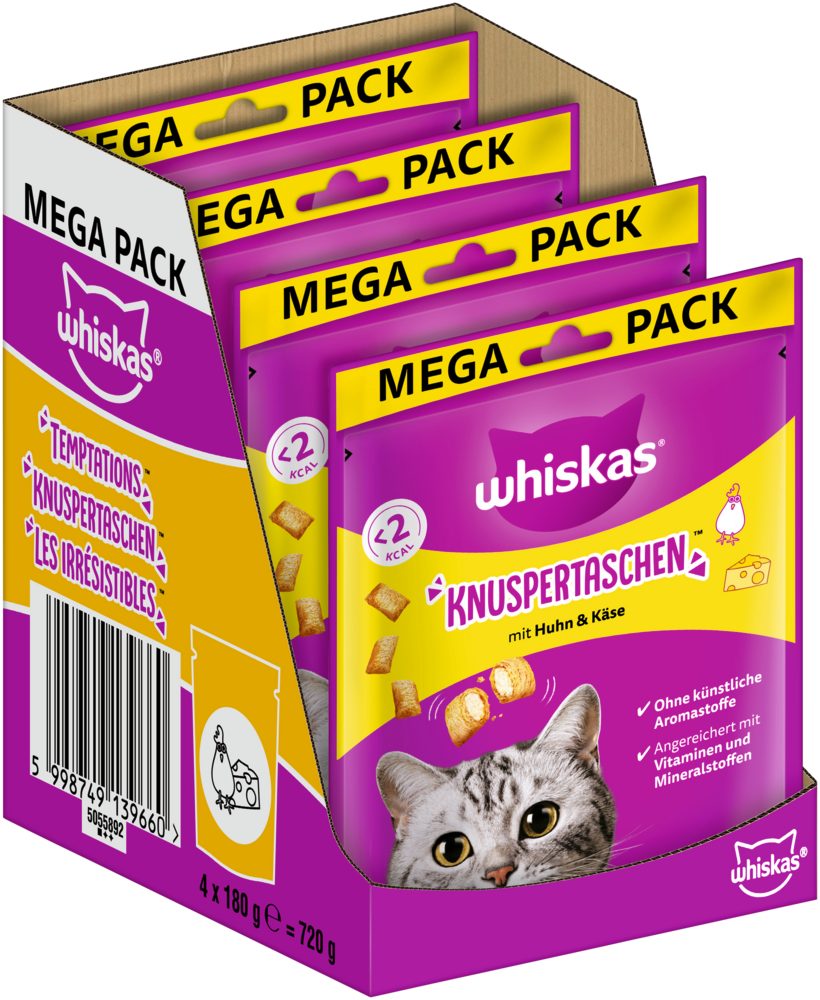 Whiskas WHISKAS® KNUSPERTASCHEN™ Beutel mit Huhn und Käse 4 x 180g, Snack für: Katze