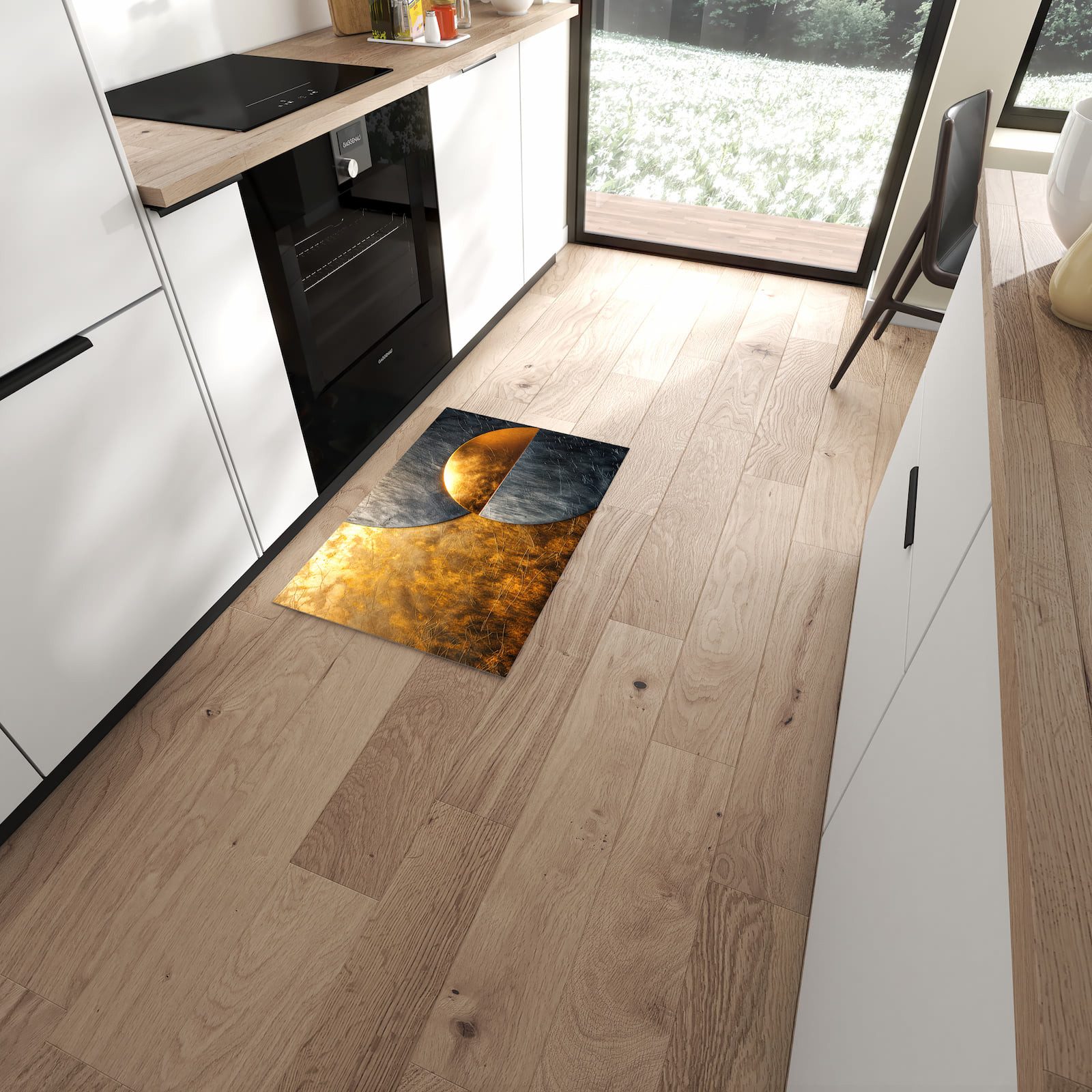 Primedeco Küchenläufer Küchenteppich Kreise in Gold und Grau, Rechteckig, Höhe: 3 mm, rutschfest, waschbar & pflegeleicht