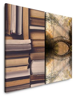Sinus Art Leinwandbild 2 Bilder je 60x90cm Bücher Geschichten Bücherstapel Holzbrücke Wald Märchenhaft Bezaubernd