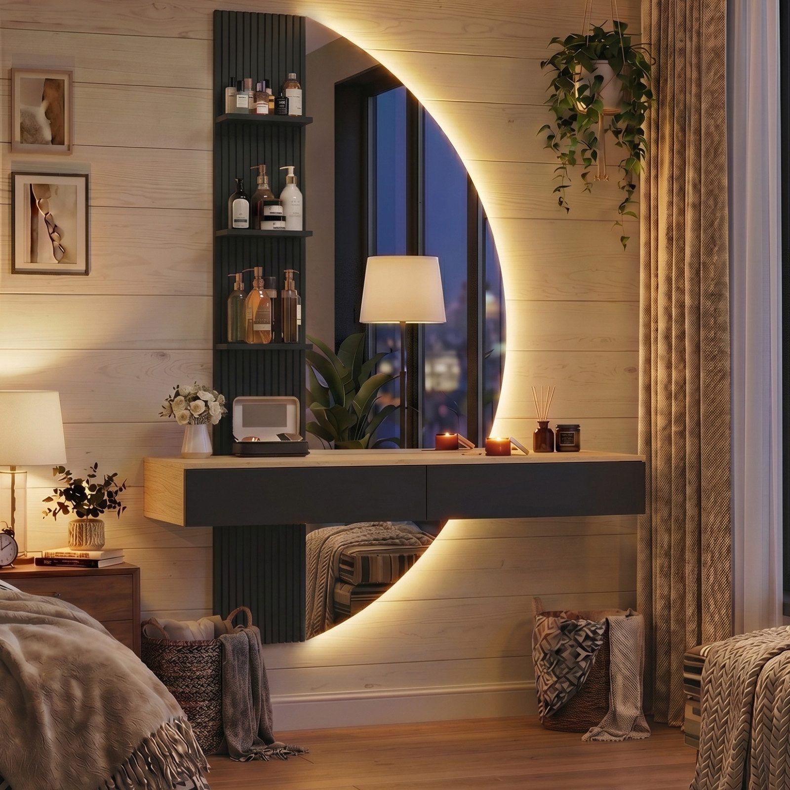 HOMALL Schminktisch Hängender Schminktisch mit LED-Beleuchtung (Maße: 106 × 40 × 143 cm, mit 3 offenen Ablagefächern, 2 Schubladen und drei einstellbaren Farbtemperaturen)