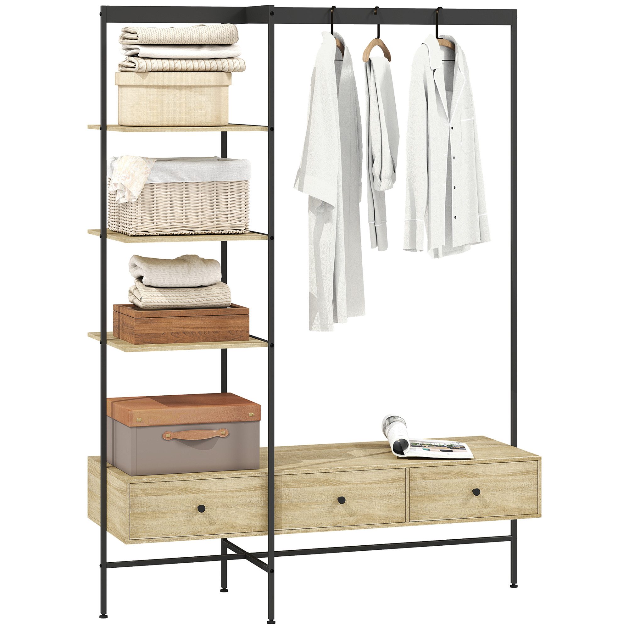 HOMCOM Garderobenständer Metallrahmen Kippschutz Eiche, (Set, 1 St., 1), Multifunktionale Flurgarderobe mit hohem Stauraum