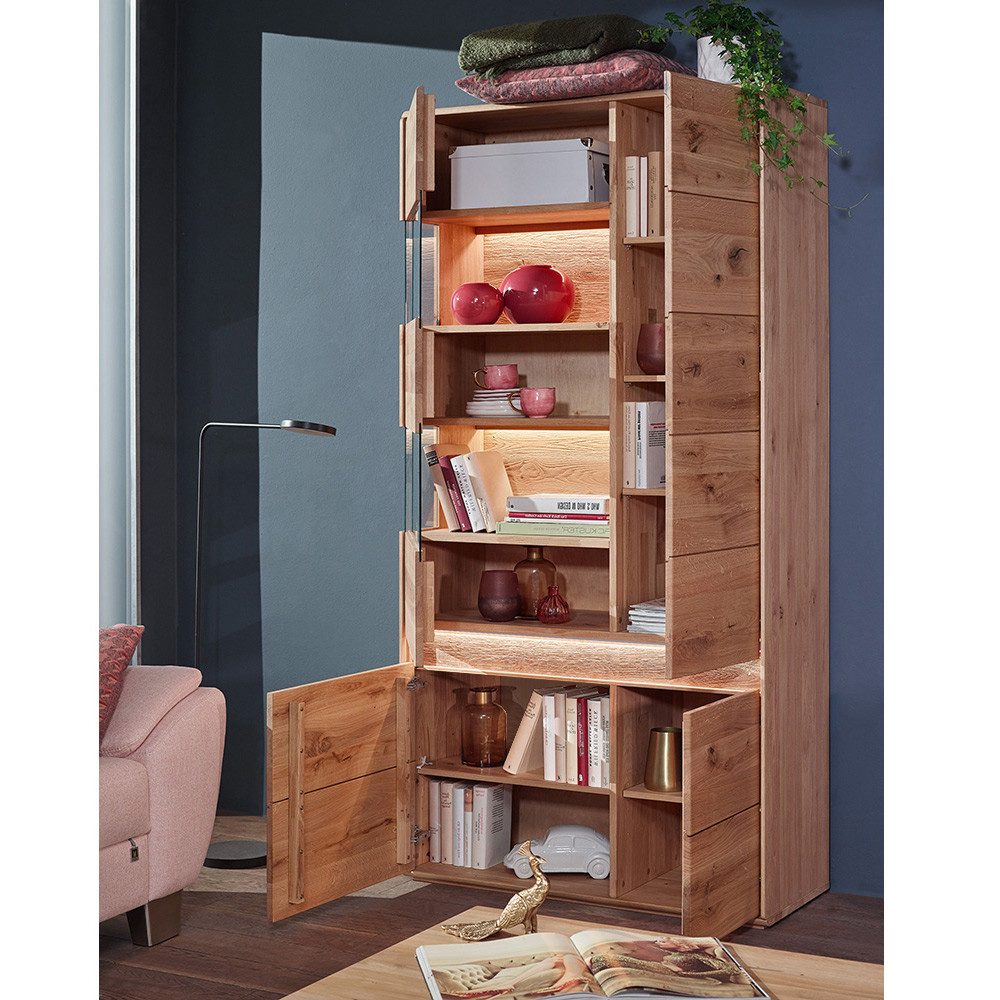 Lomadox Vitrine WELLAND-69 103 cm, Eiche massiv geölt mit LED-Beleuchtung, Türanschlag links