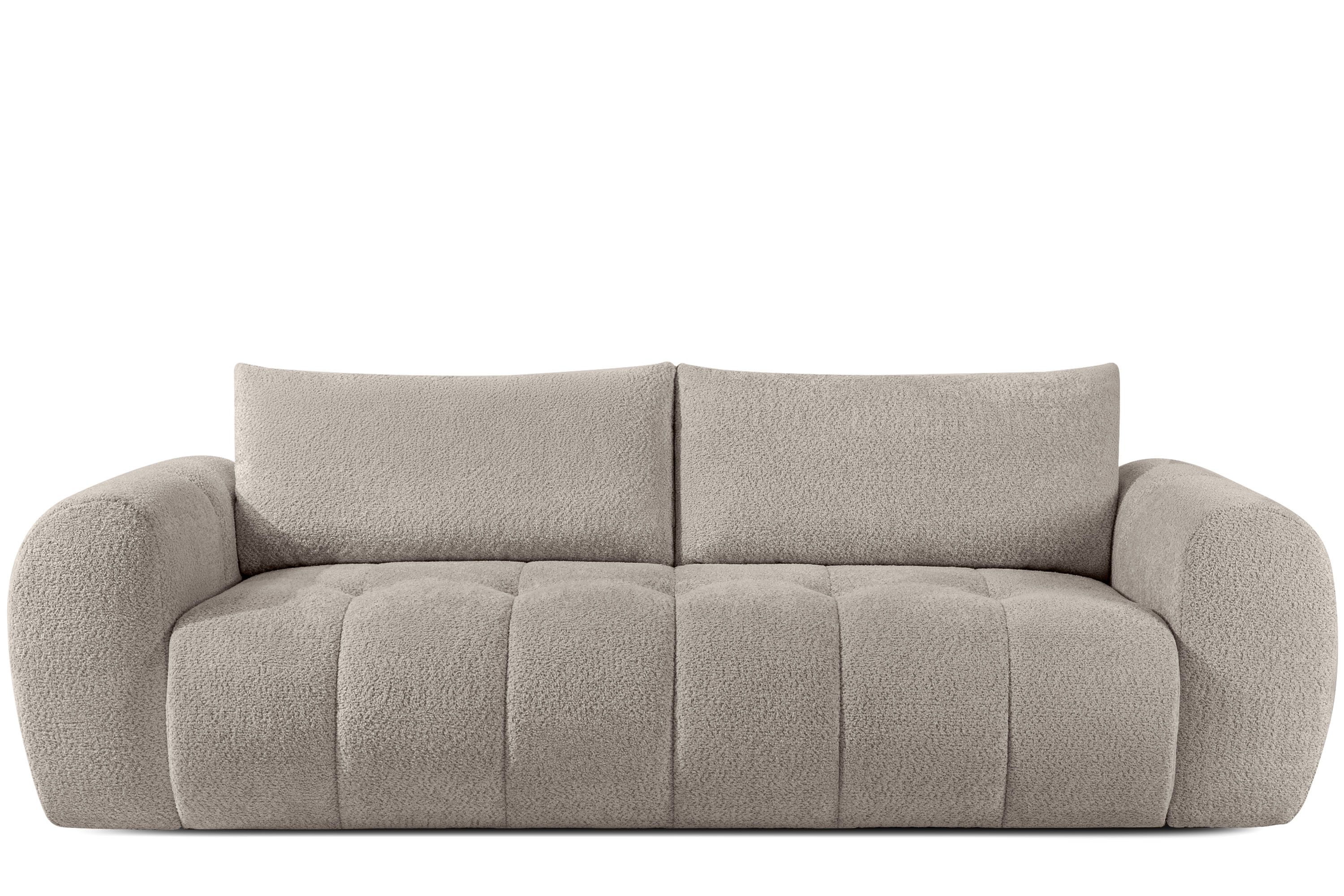 KONSIMO® 3-Sitzer Sofa LIRA, Schlafsofa, Einzelsofa, Premiumqualität aus EU, Modern, zwei Kissen, elastischer Sitz, Bouclé-Stoff, Mega große Liegefläche, mit Schlaffunktion, Bettkasten