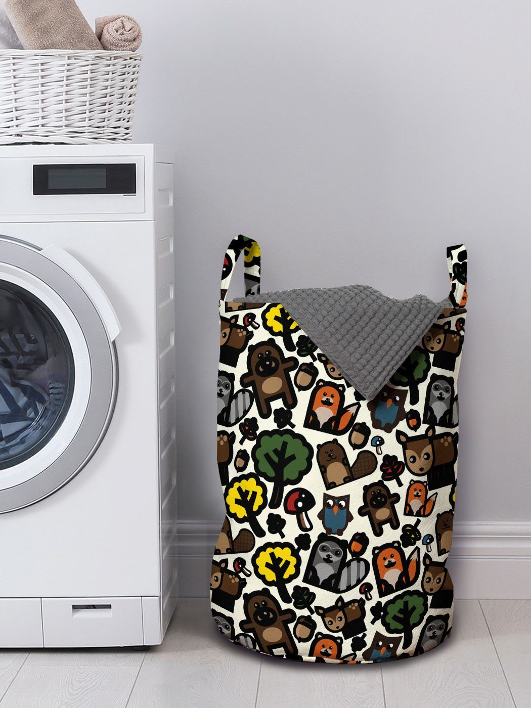 Wäschekorb mit Lustige für Waldtierförmigen Kordelzugverschluss Waschsalons, Griffen Wäschesäckchen Abakuhaus holzig