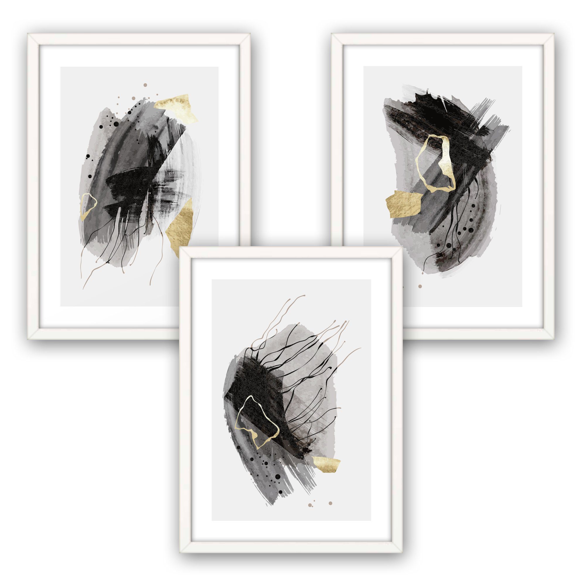 Kreative Feder Poster Abstrakt Grau, Abstrakt (Set, 3 St), 3-teiliges Poster-Set, Wandbild, optional mit Rahmen, DIN A4 oder A3