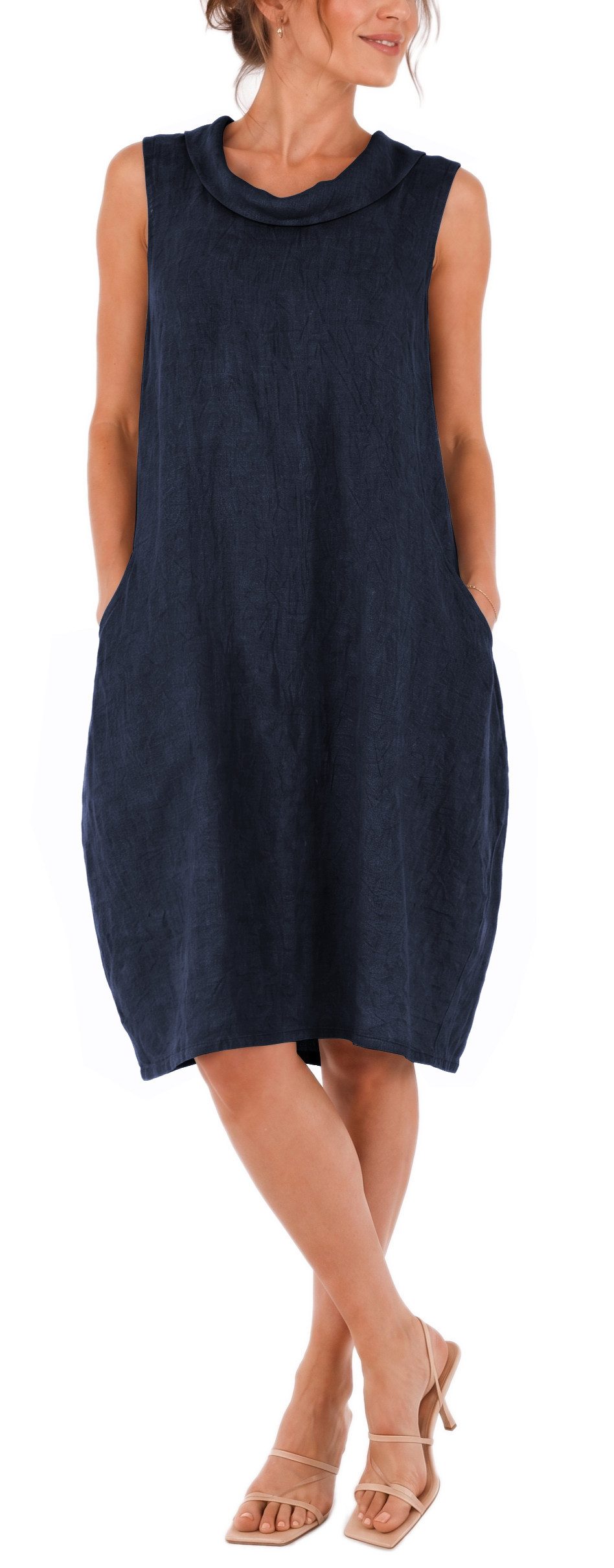 dy_mode Midikleid Damen Leinenkleid Luftiges Midi Sommerkleid Ballonkleid Strandkleid in Unifarbe, Wasserfallkragen, mit seitlichen Eingriffstaschen – Bild 4 von 5