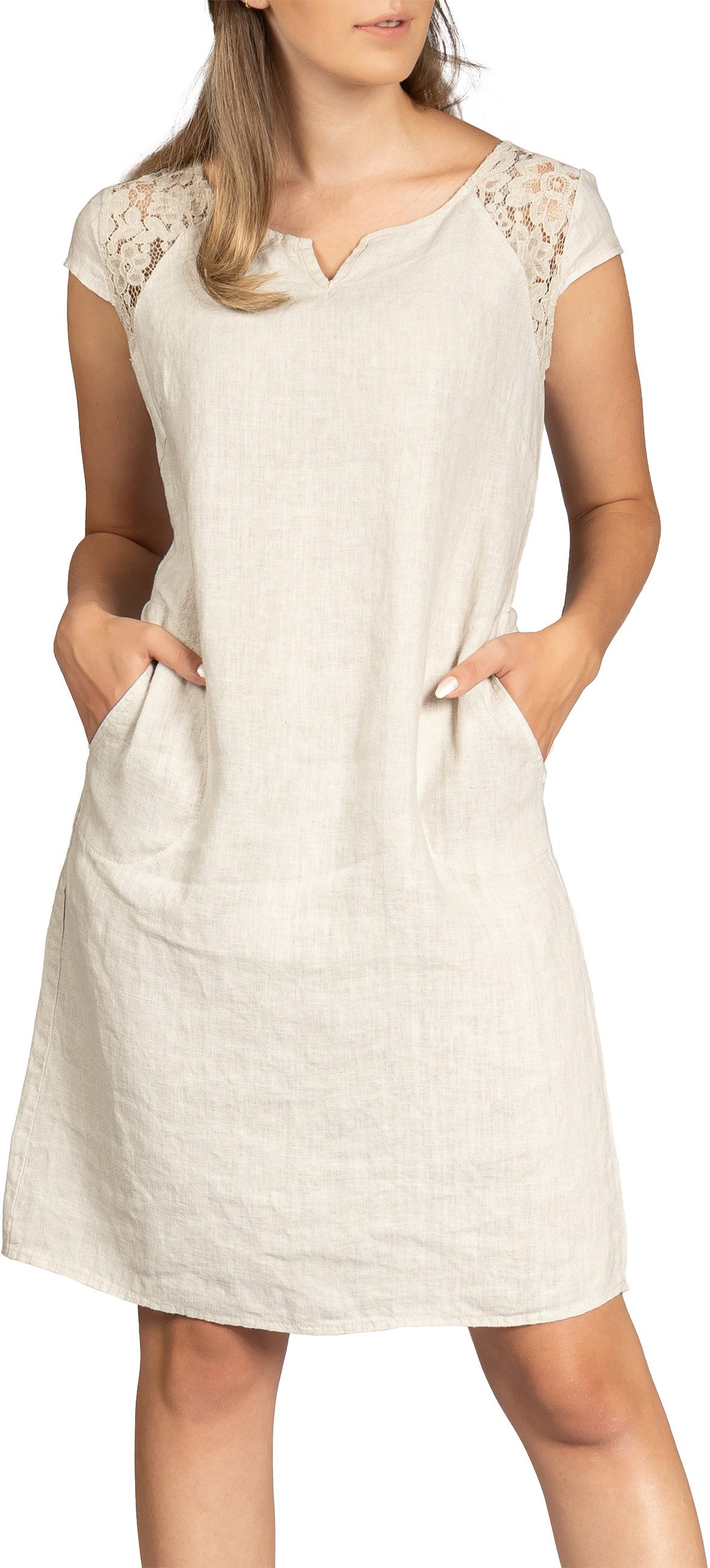 Caspar Sommerkleid SKL042 Damen Sommer Leinenkleid mit dezentem Spitzeneinsatz Luftig leicht, figurumspielende Form, mit seitlichem Jersey-Einsatz