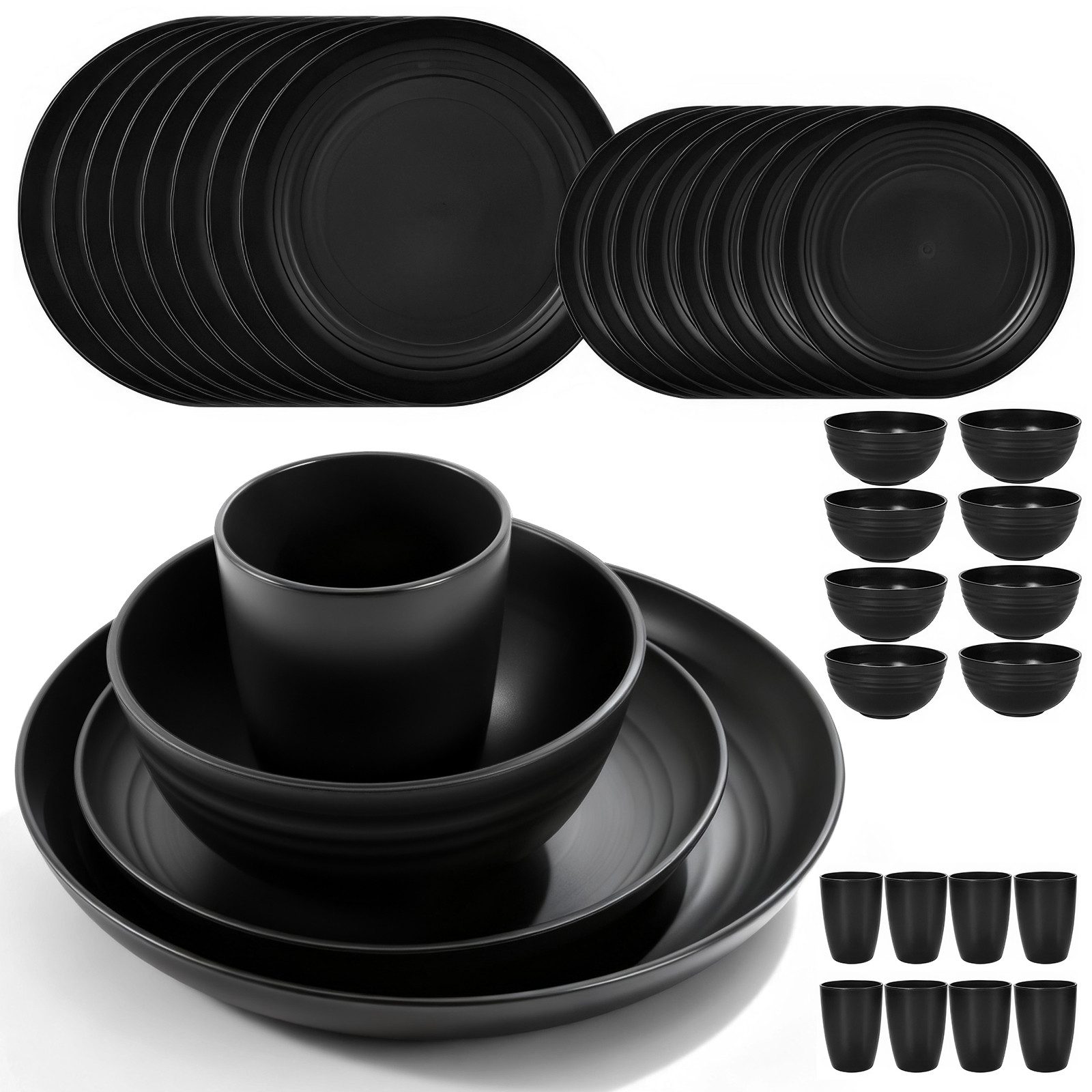 BlingBin Geschirr-Set 32 Stück Weizenstroh Geschirrset für 8 Personen, Camping Plates Set (32-tlg), 8 Personen, Kunststoff, Kunststoffteller & Schüsseln für Salat,Wiederverwendbar,Unzerbrechlich