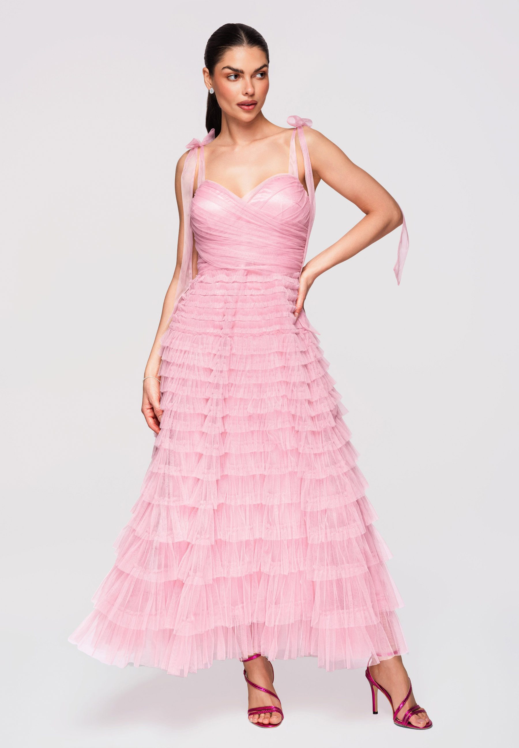 OMBRE Abendkleid Maxikleid Abendkleid Tüll mit Spitze Rose M (kein Set, 1-tlg) Mehrlagiger Rockteil mit Rüschen