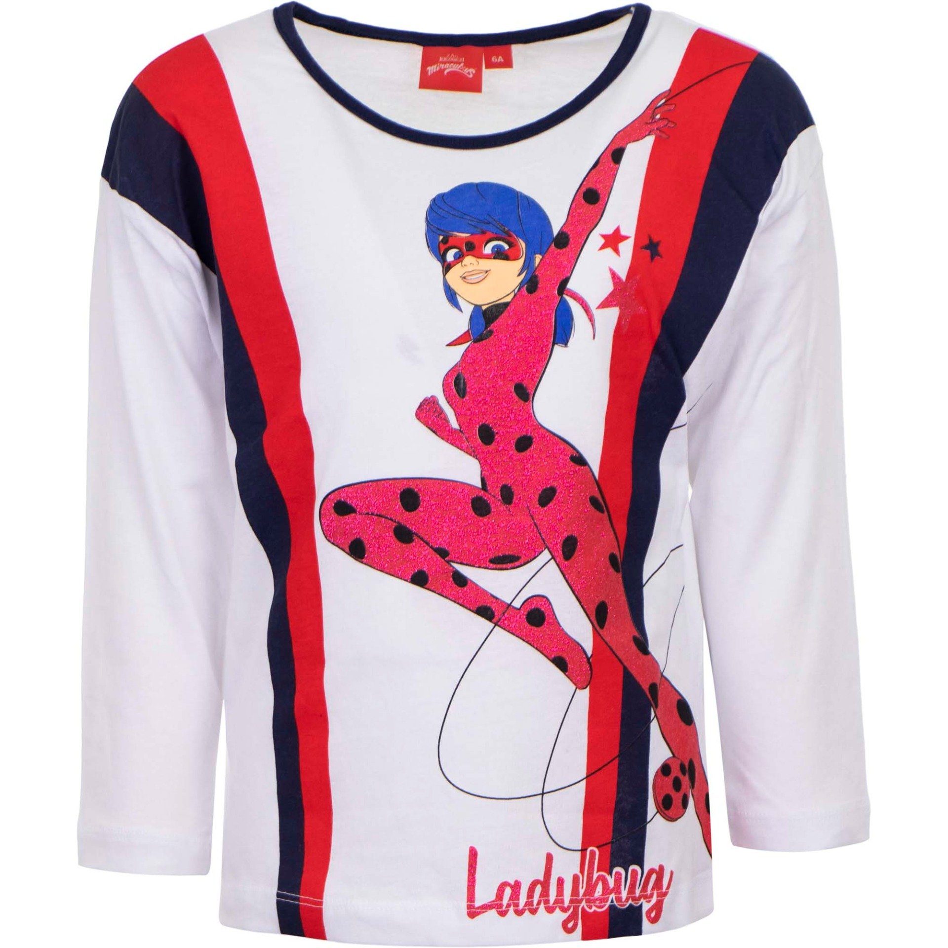 Miraculous - Ladybug 104 bis Baumwolle, Gr. 100% in Dunkelblau 128, Kinder Langarmshirt oder Mädchen Shirt Weiß