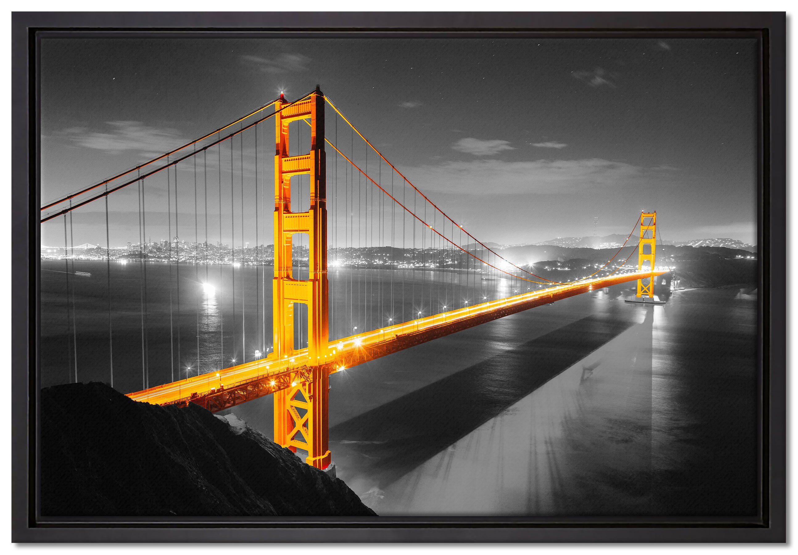 Pixxprint Leinwandbild riesige Golden Gate Bridge, Wanddekoration (1 St), Leinwandbild fertig bespannt, in einem Schattenfugen-Bilderrahmen gefasst, inkl. Zackenaufhänger