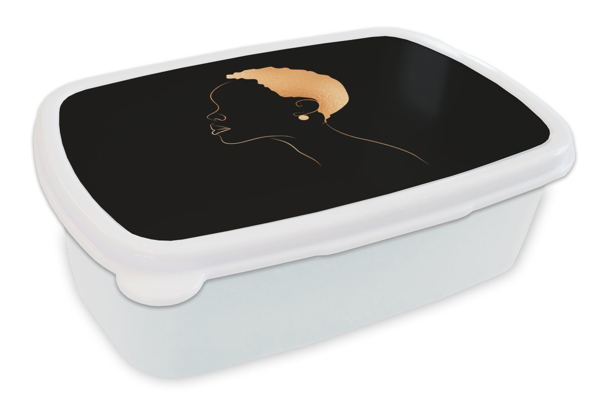 MuchoWow Lunchbox Frau - Strichzeichnung - Schwarz - Gold, Kunststoff, (2-tlg), Brotbox für Kinder und Erwachsene, Brotdose, für Jungs und Mädchen weiß