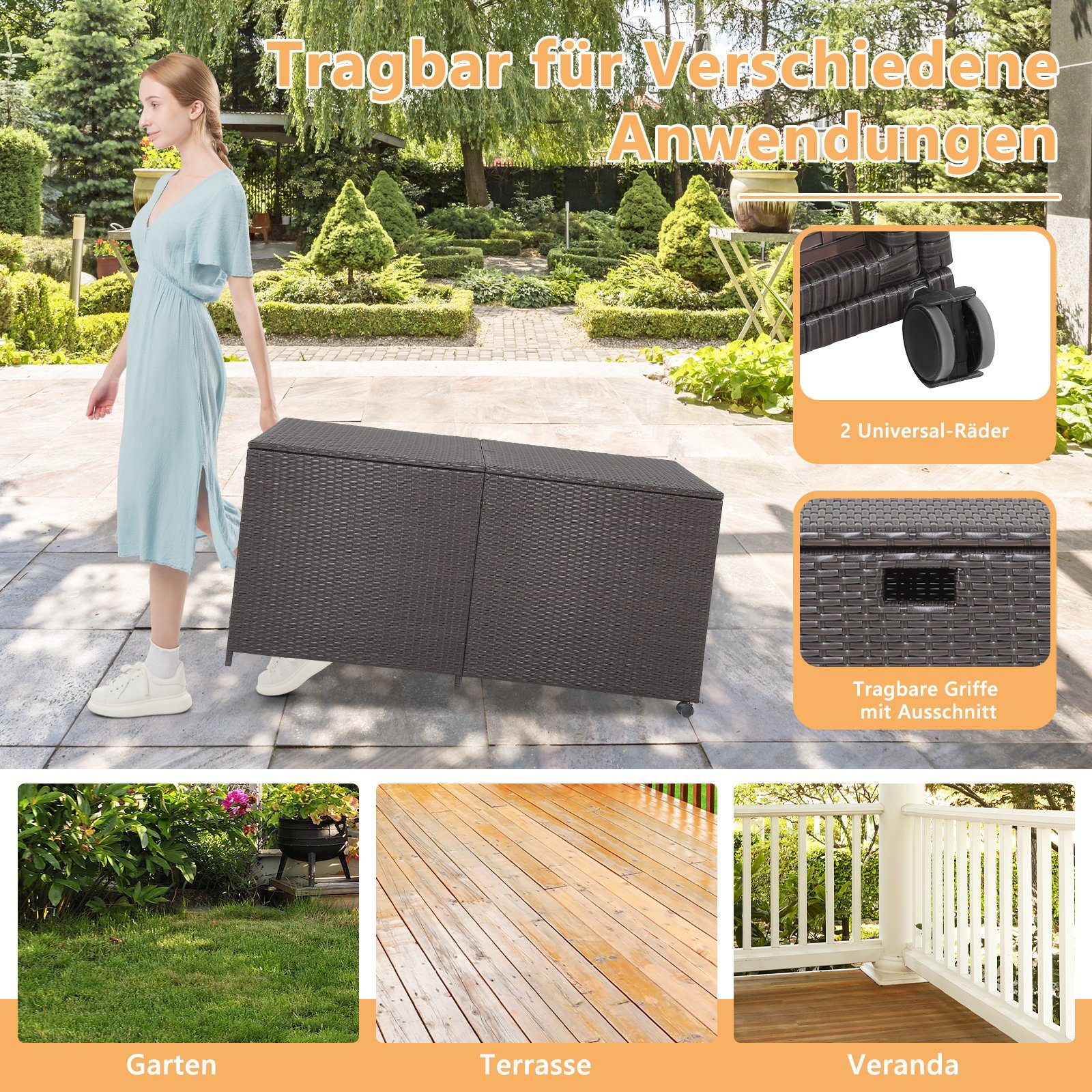 COSTWAY Auflagenbox 662L, wasserdicht, Rattan, mit Rollen, Gartenbox groß