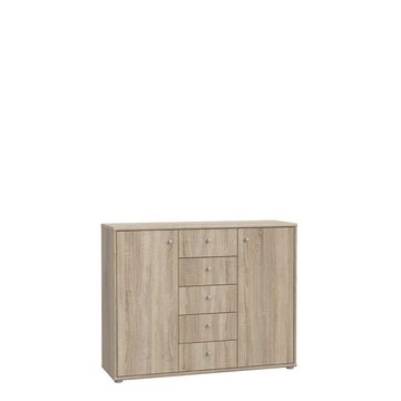 möbelando Kommode Tembi, Moderne Kommode aus Spanplatte in Sonoma-Eiche Nachbildung mit 2 Holztüren, 5 Schubkästen und 4 Einlegeböden. Breite 108,8 cm, Höhe 85,5 cm, Tiefe 34,8 cm