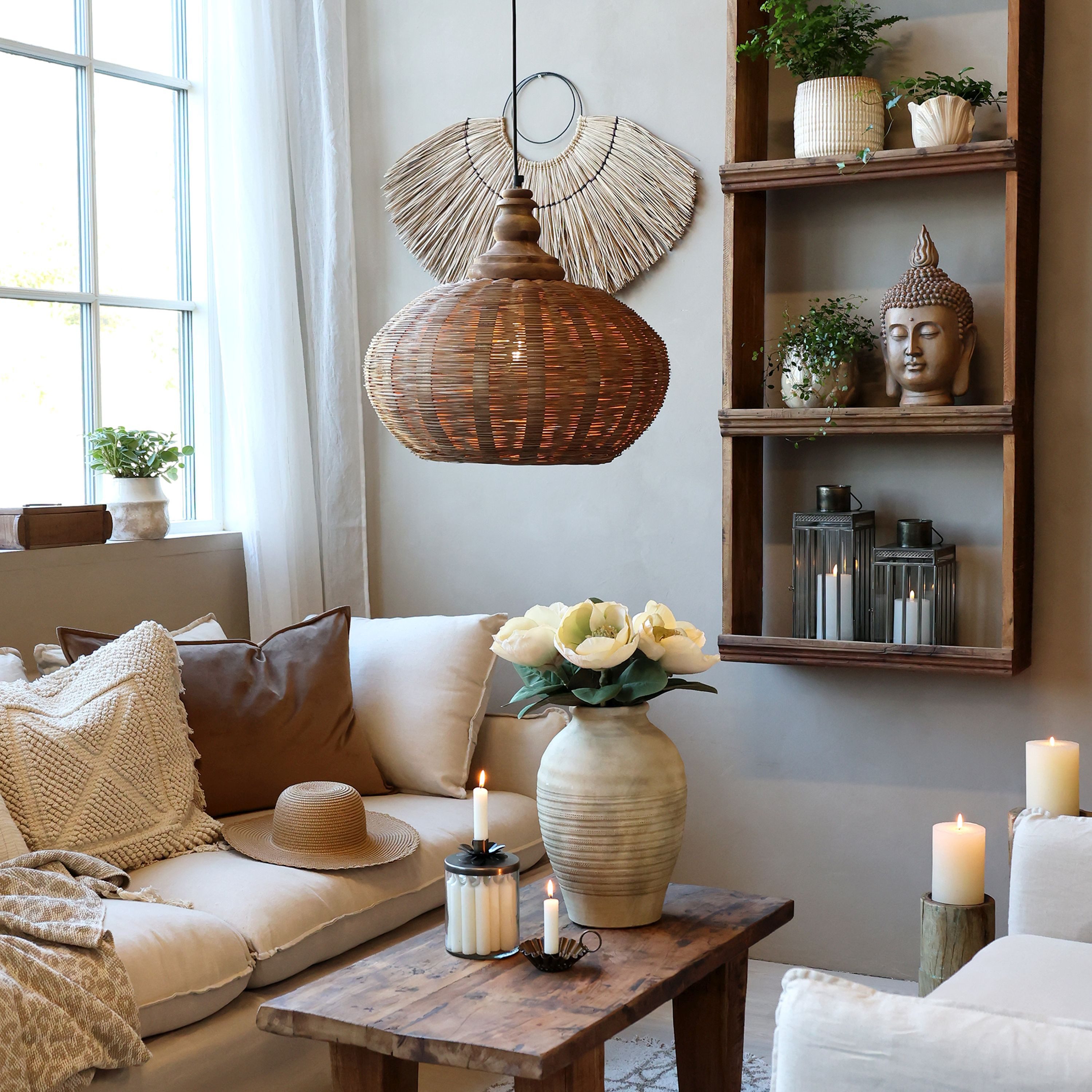 Chic Antique Hängeleuchte Chic Antique - Hängelampe Lampe D 40cm Geflochten Ratten Naturfarben