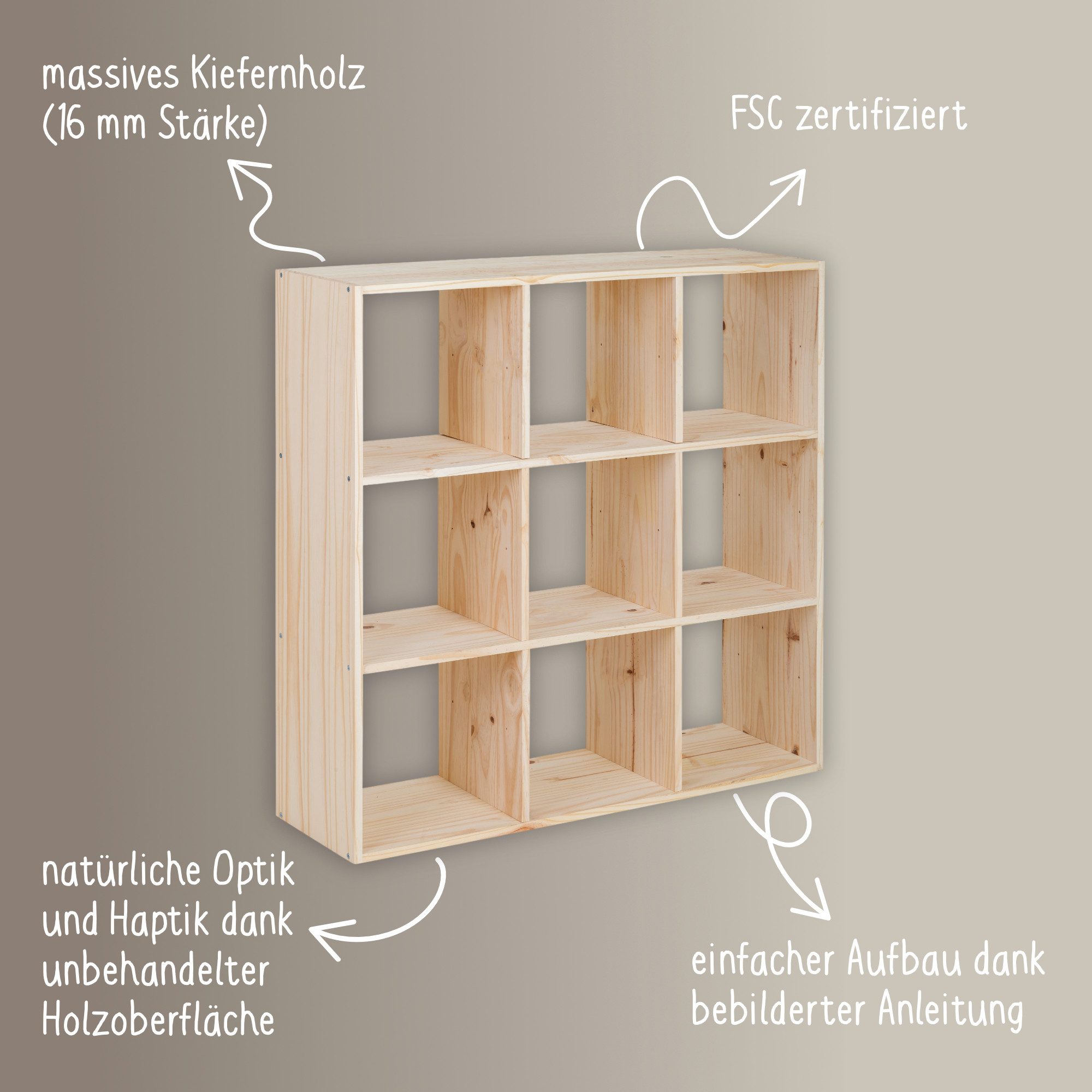 Lusimat Standregal Echtholz Würfelregal Kubik, 3x3, Kiefer, 105 x 105 x 30, 9 Fächer