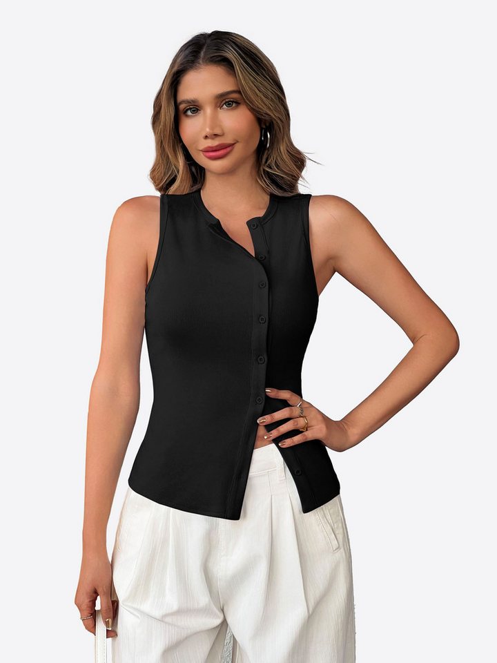 Imily Bela Ripptanktop Damen Gerippt ärmellos Rundhals Knöpfe (Packung, 1-tlg., 1per-Pack) mit außermittiger Knopfleiste in Unifarbe