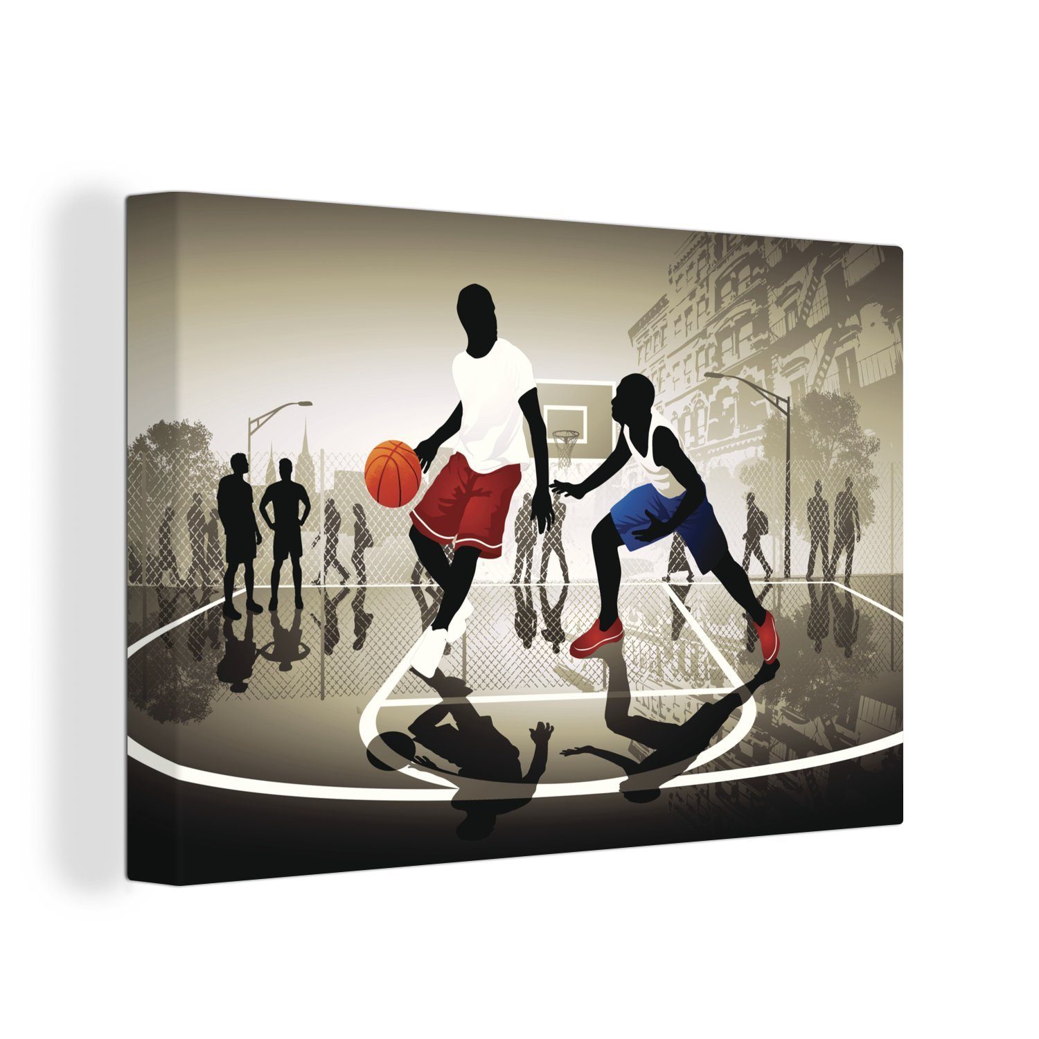 OneMillionCanvasses® Leinwandbild Eine Leinwandbilder, (1 Aufhängefertig, auf cm Basketballspielern Wanddeko, 30x20 von der Straße, Wandbild zwei St), Illustration