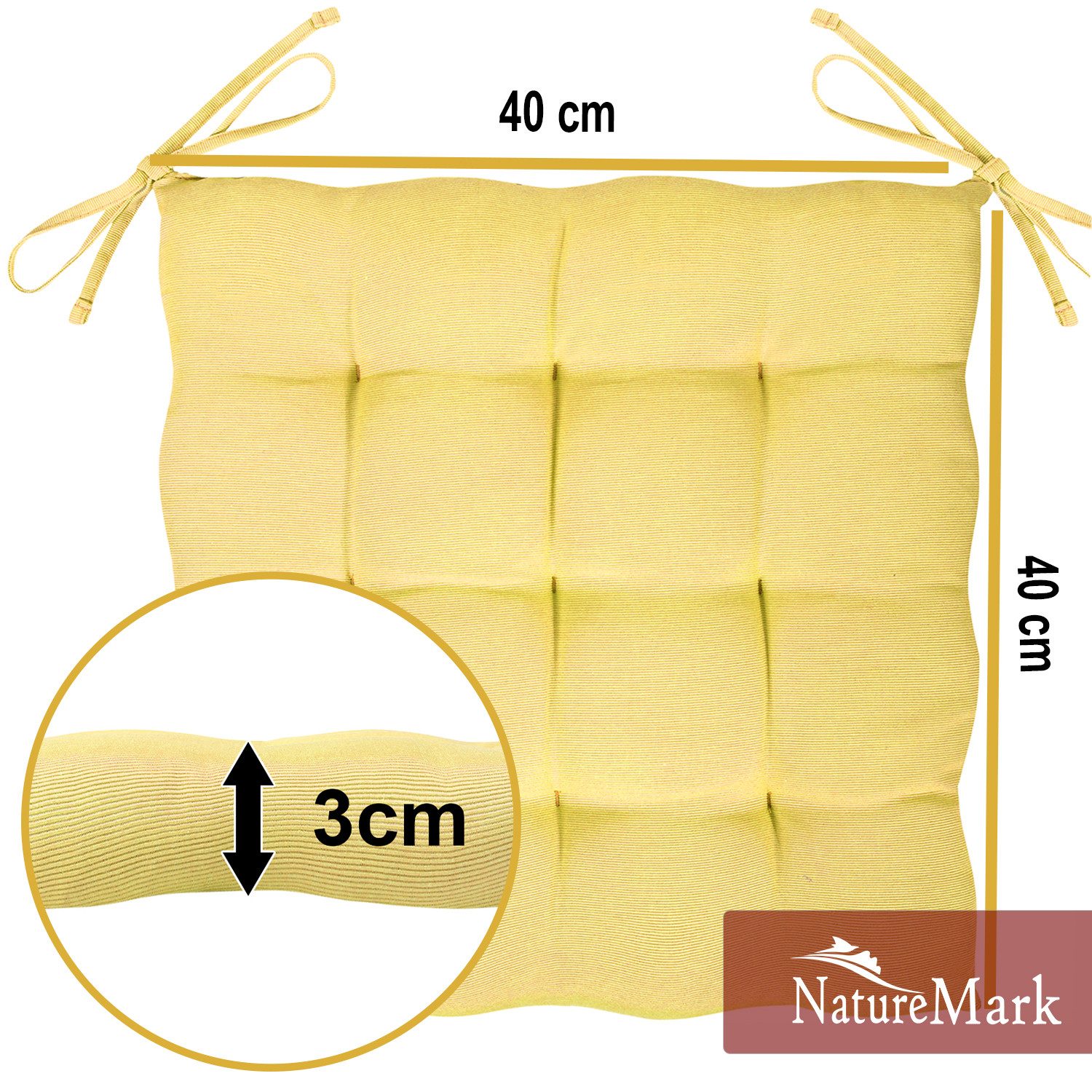 NatureMark Sitzkissen 4er-Set Stuhlkissen 40x40cm mit Bändern, Sitzpolster Kissen 4er Pack, schadstoffgeprüft, Gelb