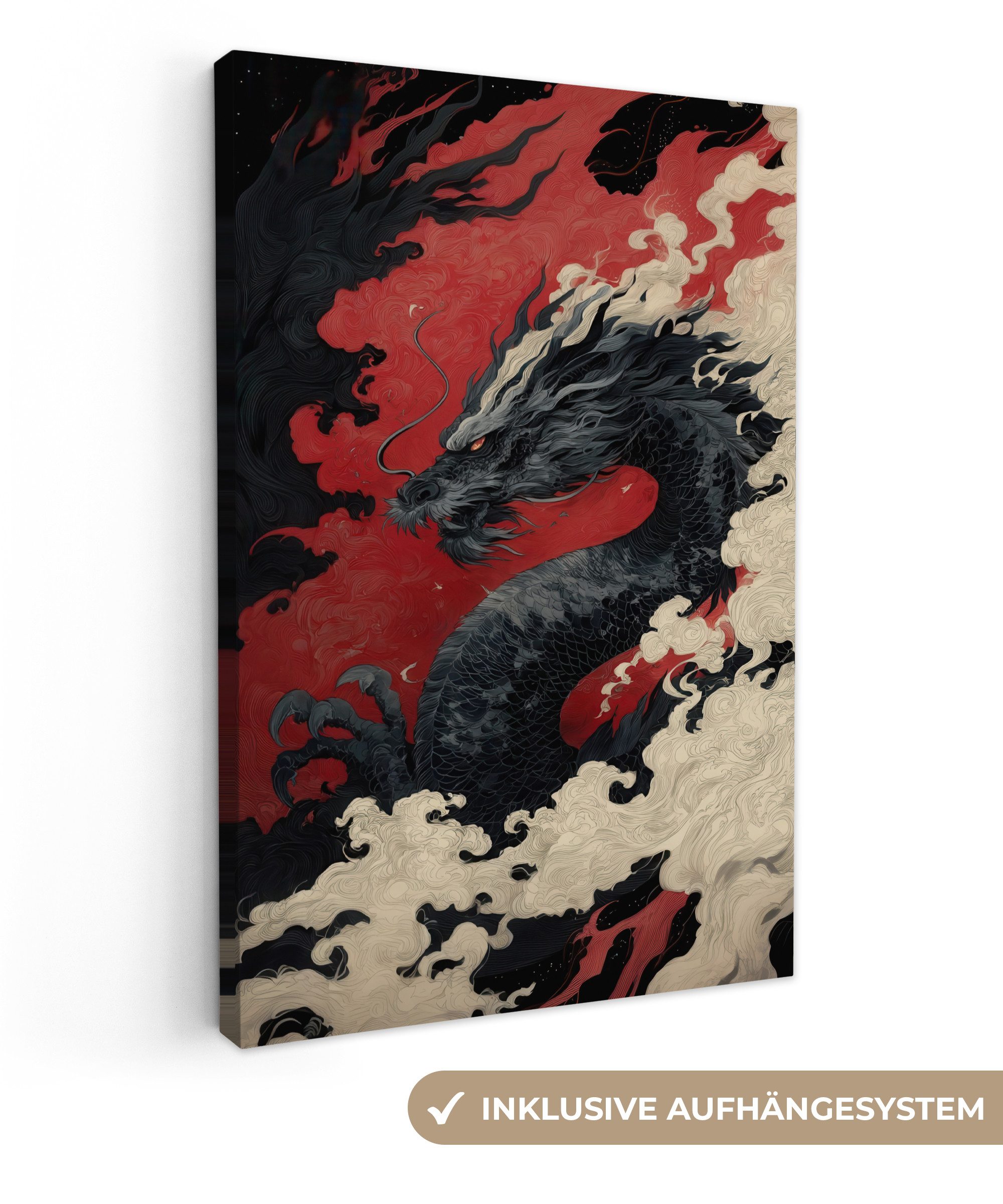 OneMillionCanvasses® Leinwandbild Schwarzer Drache - Rauchwolken - Rot, Fotodruck (1 St), Leinwand Canvas Wandbild, Wanddekoration 20x30 cm
