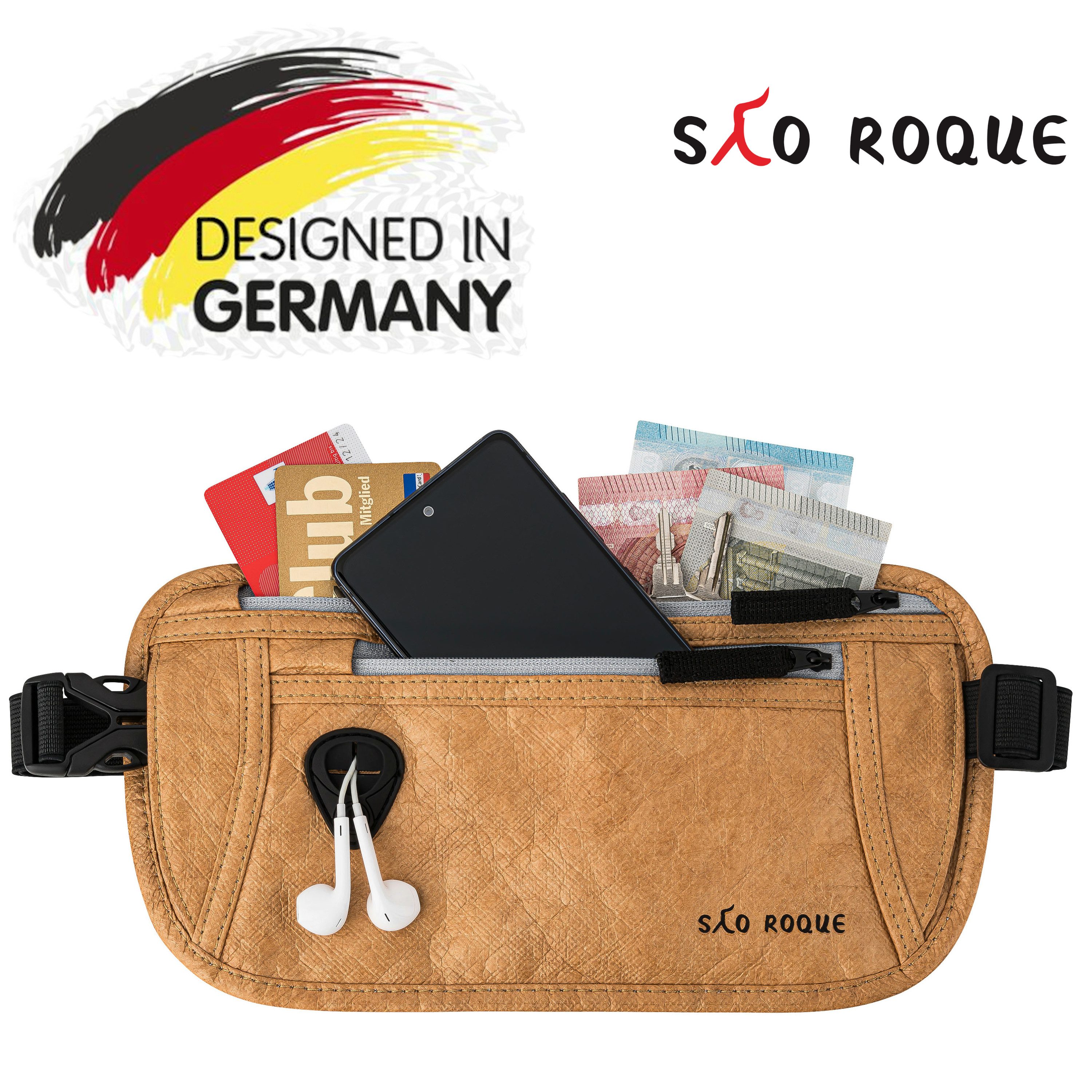 SAO ROQUE Bauchtasche Flache Damen Herren Bauchtasche, Diebstahlsicher RFID Schutz, Vegan, ultraflach, schweiß- und wasserfest, ultraleicht