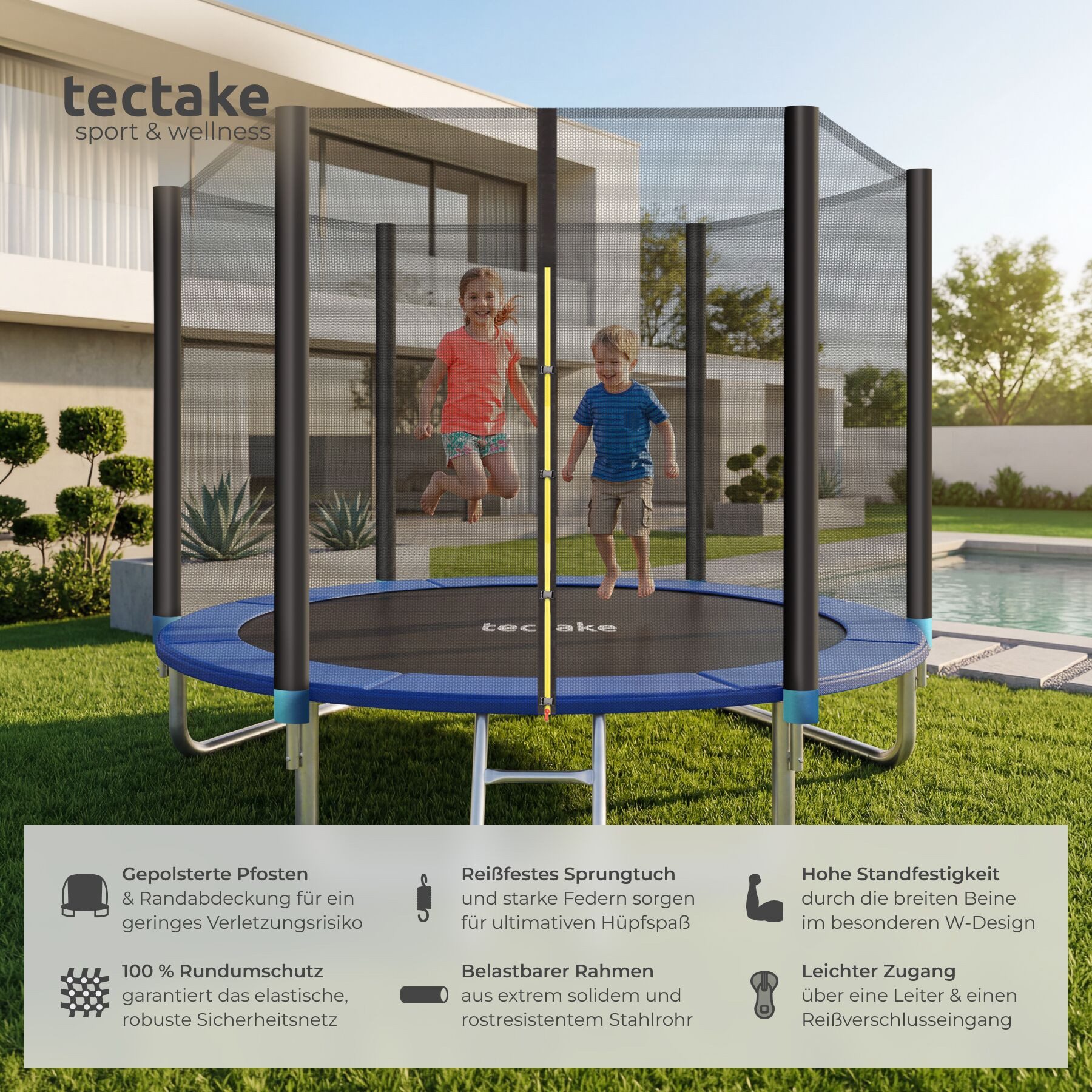 tectake Gartentrampolin Kindertrampolin mit Einstiegsleiter und Sicherheitsnetz Ø 244 cm, (Outdoortrampolin Garfunky, in schwarz/blau), GS zertifiziert, Randabdeckung, reißfestes Sprungtuch
