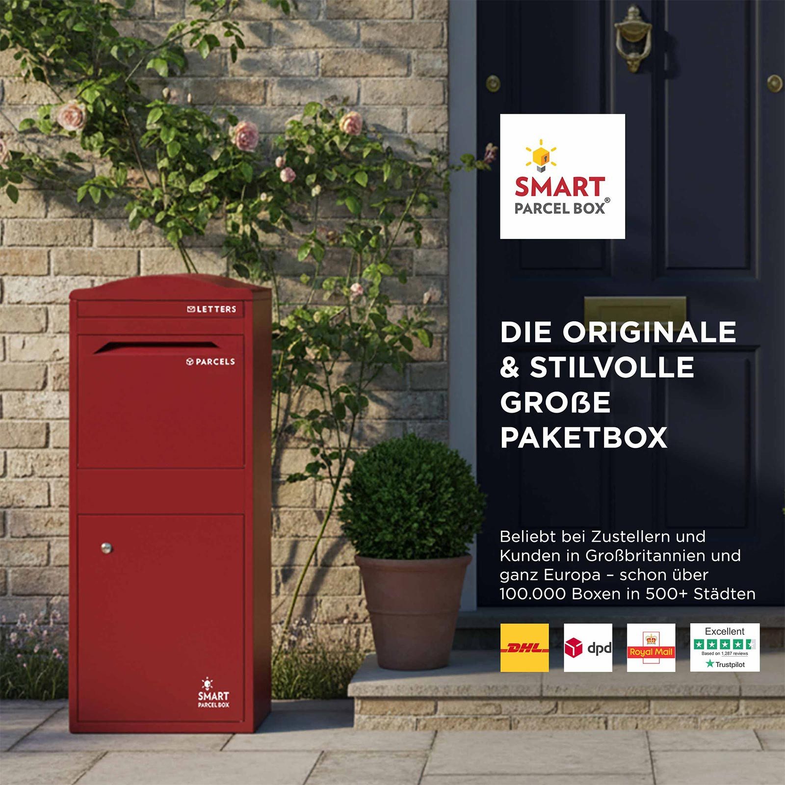 Smart Parcel Box Paketbriefkasten Großer Paketbriefkasten mit gebogenem Dach, Entnahme vorne, bordeaux