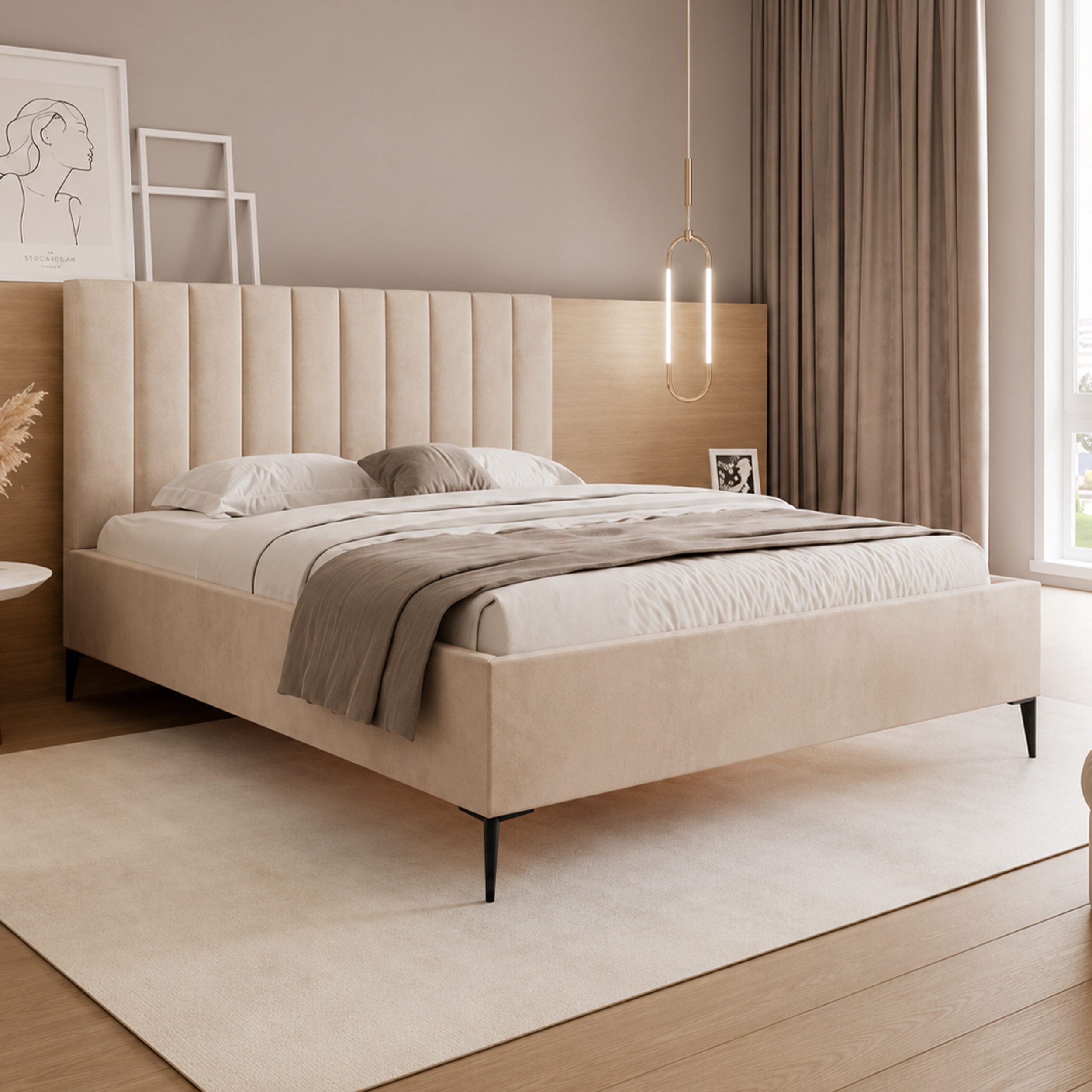 Goldstoff Polsterbett Elegantes Bett "AUREO" mit hohem Kopfteil & Stauraum für Schlafzimmer (120–200x200 cm, Kopfteilhöhe: 90/110 cm, Seitenhöhe: 25/40 cm), Modernes Bett mit Stauraum & gepolstertem Kopfteil in elegantem Design