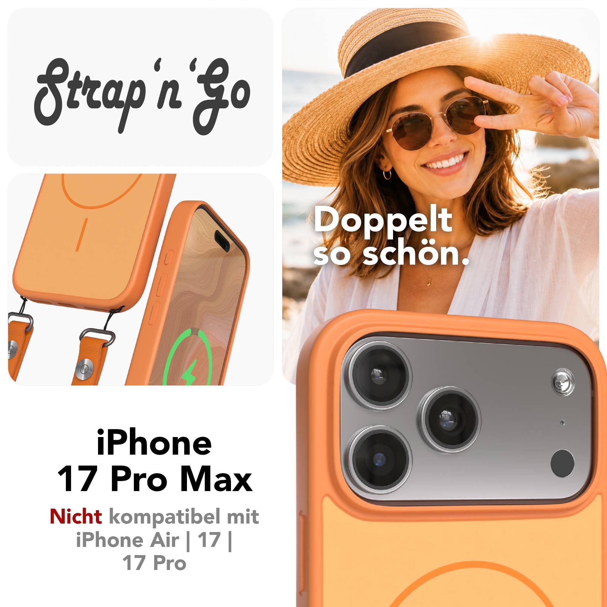 EAZY CASE Handykette Outdoor Case Thin MagSafe mit Band für Apple iPhone 17 Pro Max 6,9 Zoll, Hülle mit Slim MagSafe Ring, Magnetkette und starkem Schutz in Orange
