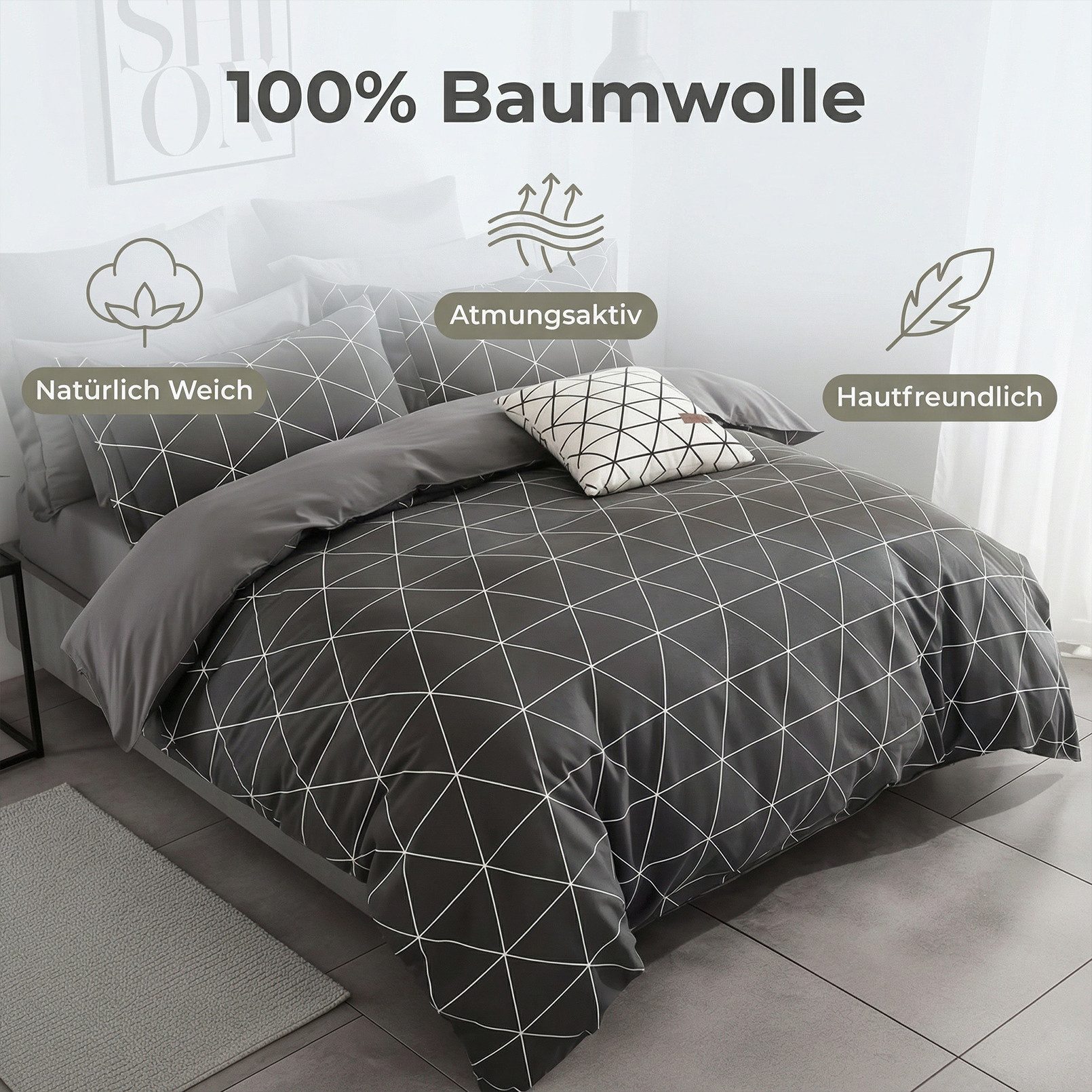 KEAYOO Bettwäsche Geometrisches Muster Bettwäsche, 2 teilig, Grau Bettwäsche Baumwolle Mit Reißverschluss – Bild 4 von 5