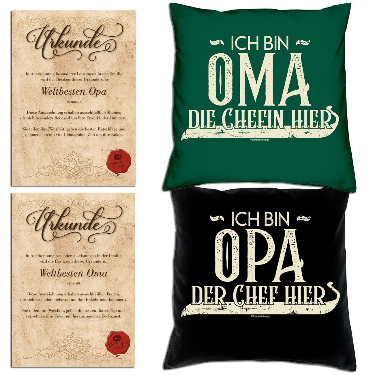 Soreso® Dekokissen Kissen-Set Ich bin Opa Chef die Chefin bin dunkelgrün Großeltern hier der Urkunden, für Ich mit hier Weihnachtsgeschenk Oma