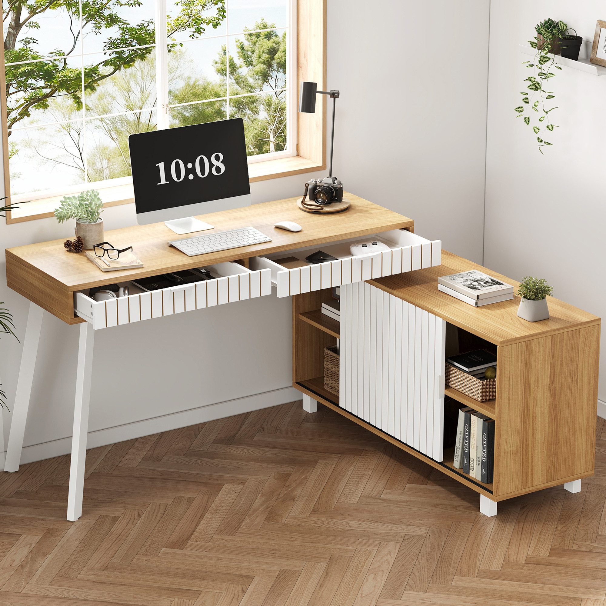 Merax Eckschreibtisch L-förmiger Schreibtisch mit 2 Schubladen und Türen (1-St., Moderner Minimalistischer Stil), mit Vertikalem Streifenmuster