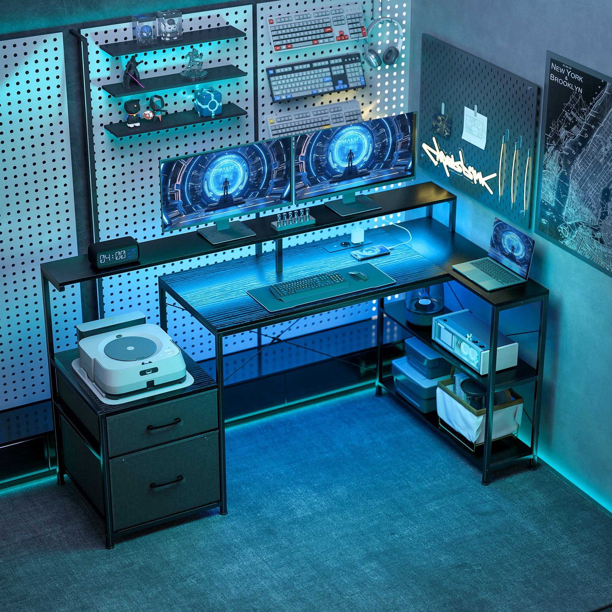 HOMCOM Gamingtisch mit LED & Steckdosen, Doppelmonitorständer, 2 Schublade, Ablagefächer (Computertisch, 1-St., Schreibtisch), für Büro, Arbeitszimmer, Schwarz