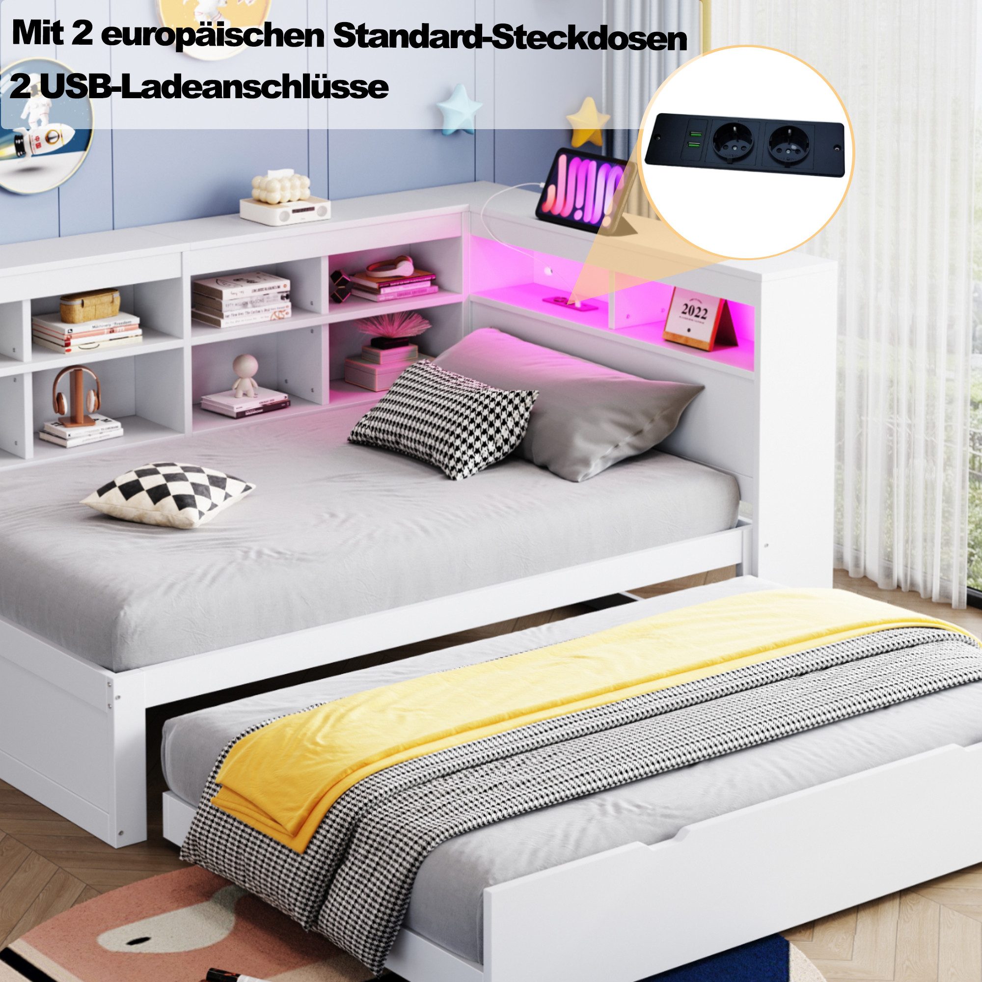 Odikalo Ausziehbett Daybett Schlafsofa USB LED Regal Ablagefächern Stauraum Weiß 90x200cm – Bild 4 von 5
