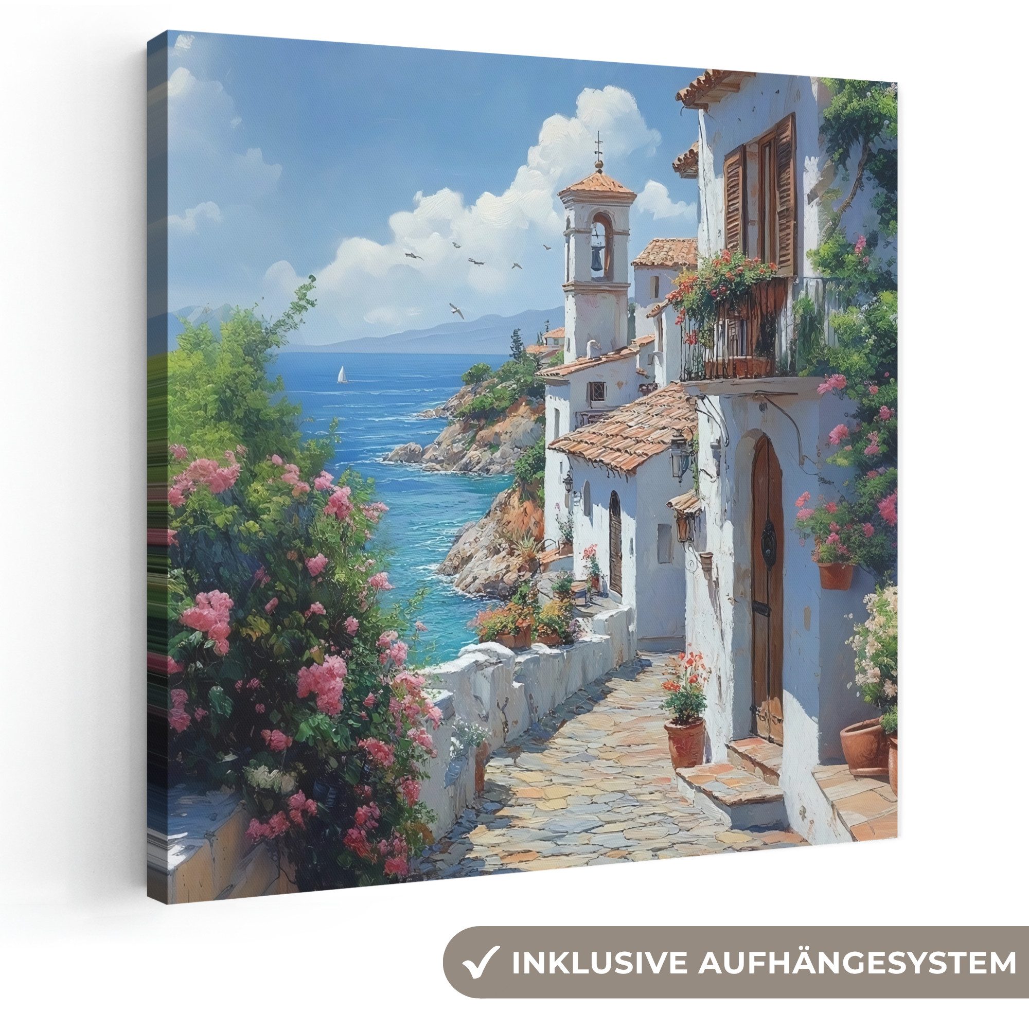 OneMillionCanvasses® Leinwandbild Häuser - Meer - Bäume - Blumen, Fotodruck (1 St), Wandbild, Deko Schlafzimmer Wohnzimmer Flur 20x20 cm