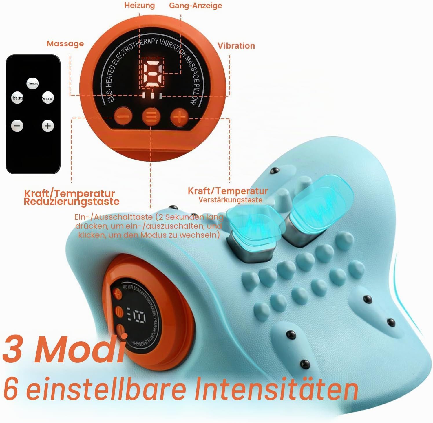 FELIXLEO Massagegerät Nackenmassagegerät kabellos, Wärme, 3 Modi, 6 Frequenzen, 1-tlg. – Bild 3 von 5