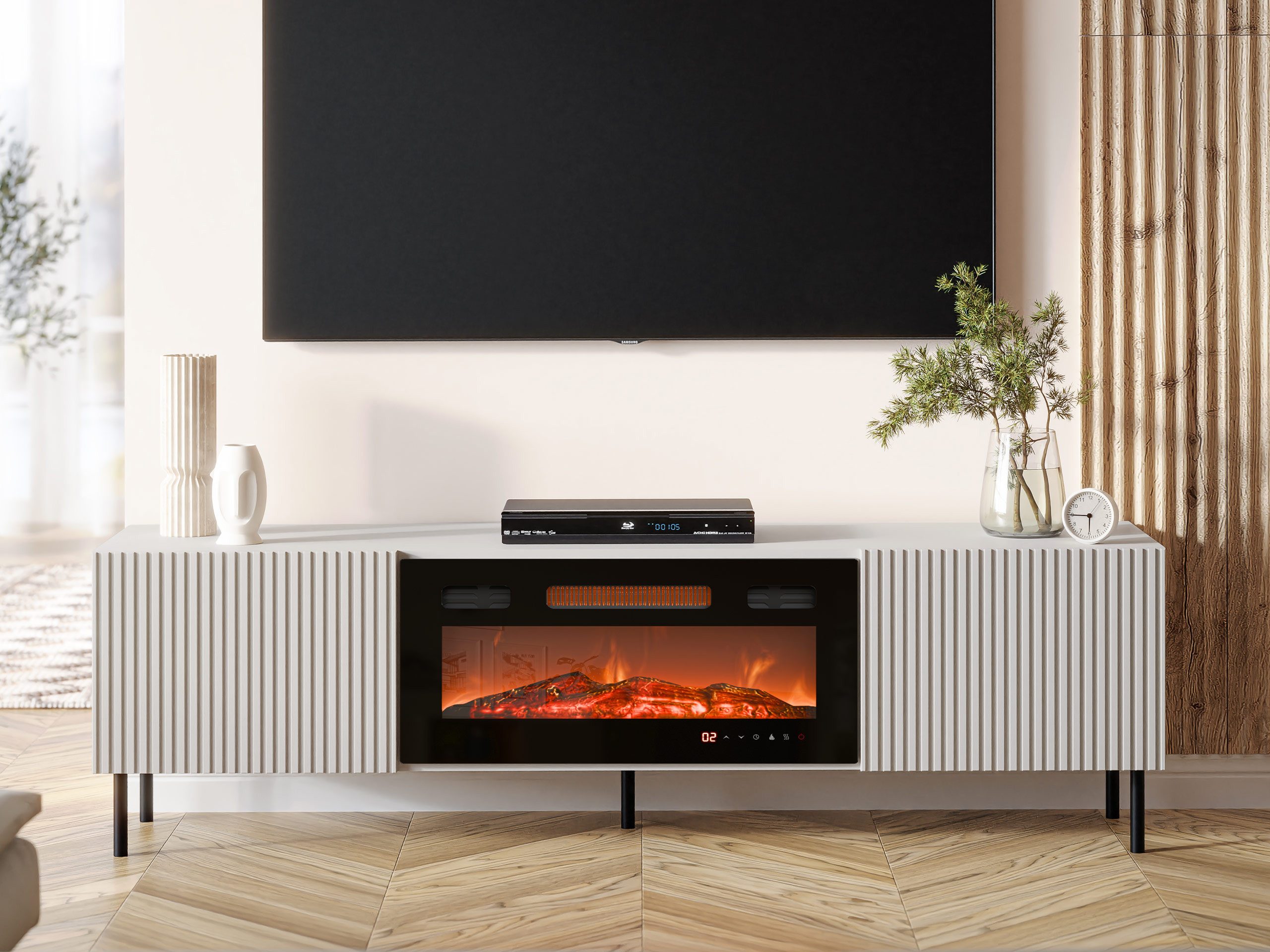 MIRJAN24 TV-Schrank Aruba 2D 181 (mit zwei Drehtüren, Elektrische Kamin) Realistische LED-Flamme, Gehärtetes Glas – Bild 2 von 5