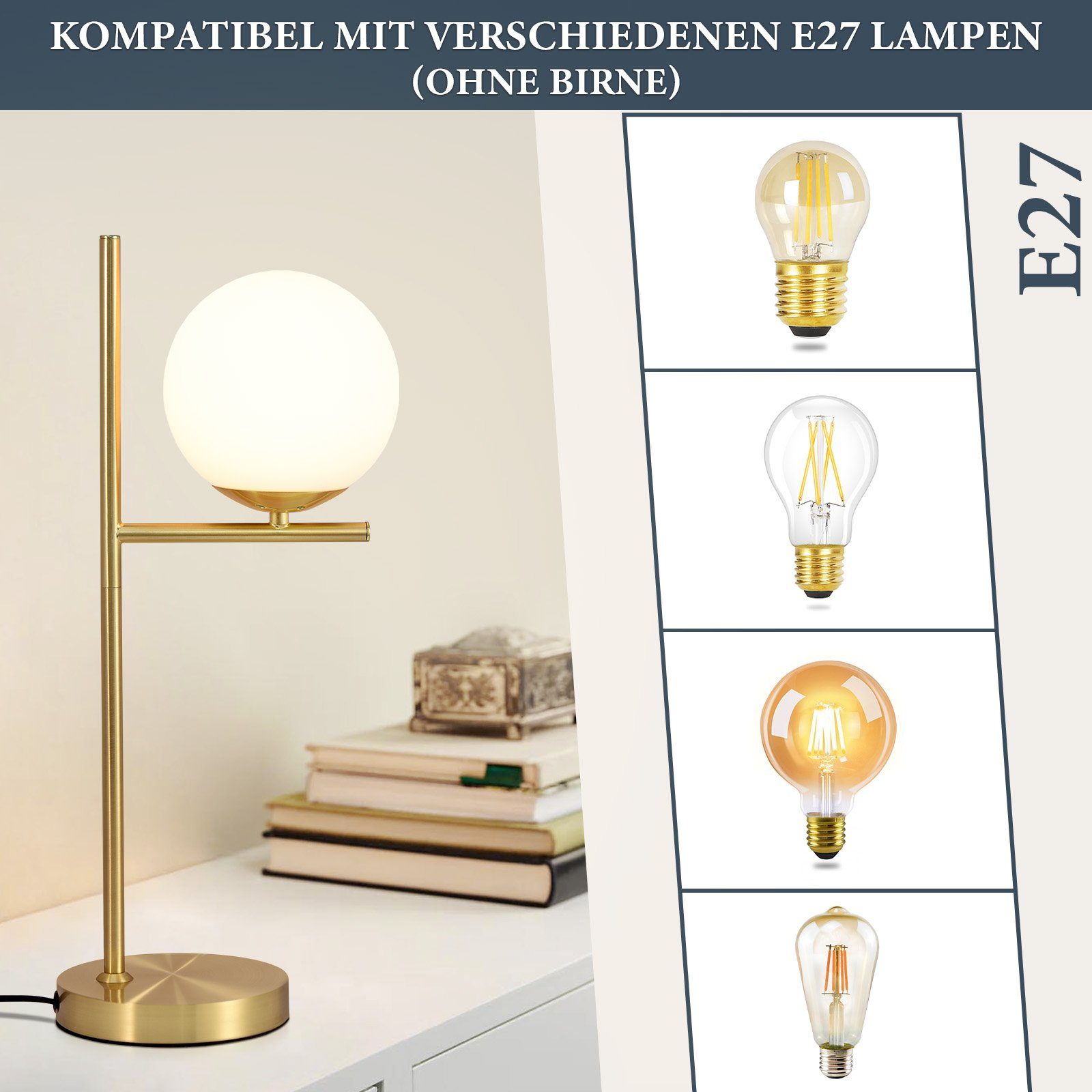 Nettlife Tischleuchte Schwarz/gold Glas Metall Modern E27 Fassung Schalter Nachttischlampe, LED wechselbar, Wohnzimmer Schlafzimmer Kinderzimmer Büro