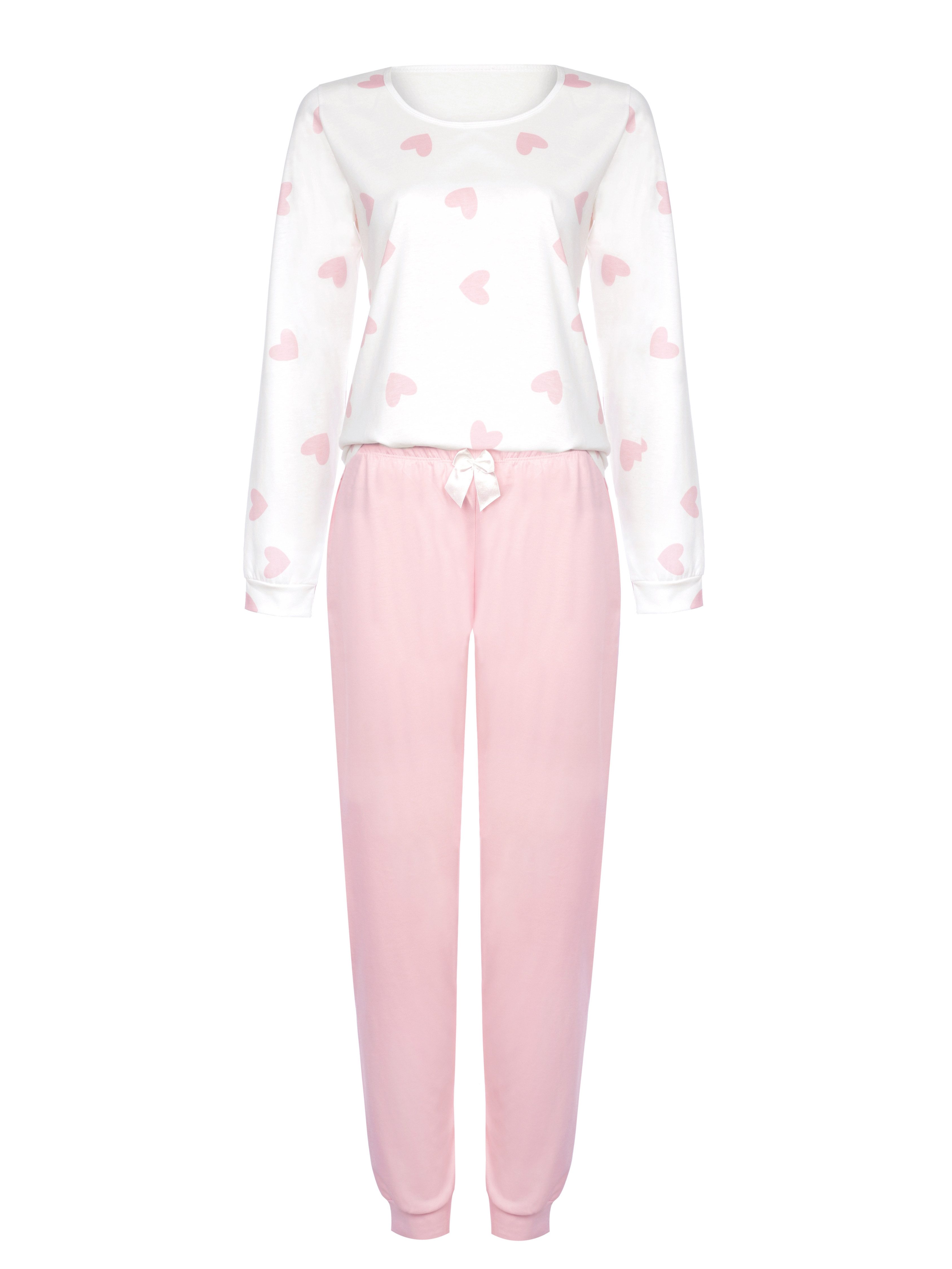 Donna Pyjama langarm Schlafanzug mit Herzchen All-Over-Print in Puder-rose günstig online kaufen